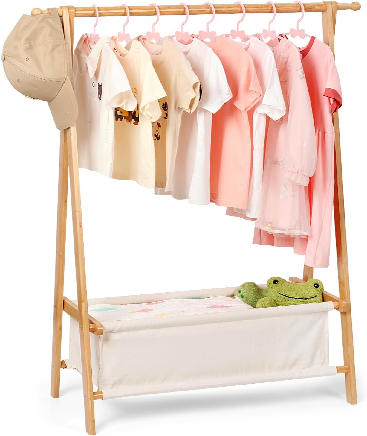 Relquorax Perchero de ropa para niños con almacenamiento, perchero de vestir, ropa infantil, bambú natural
