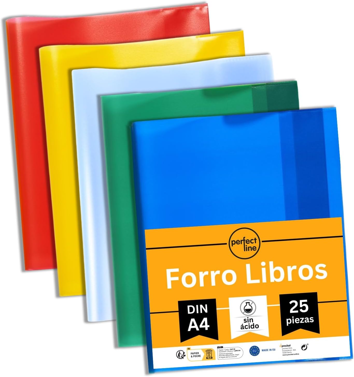 perfect line • 25 forro libros, funda plástico A4 con superficie texturizada, forro para libros de colores de PP reciclable