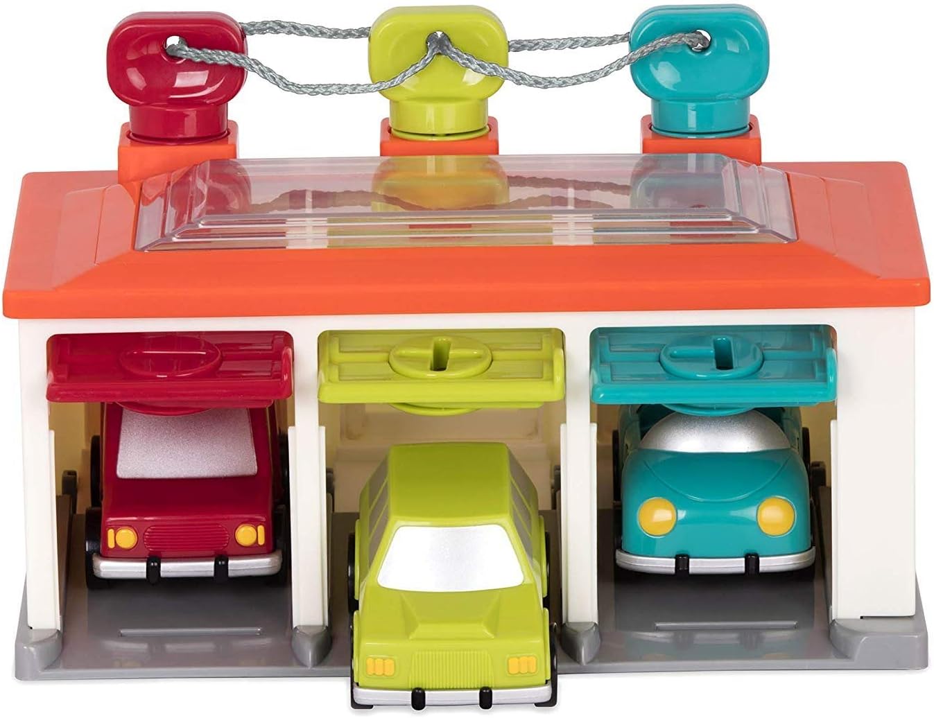 Battat Garaje para 3 Coches Interactivo con Llaves y Techo Transparente
