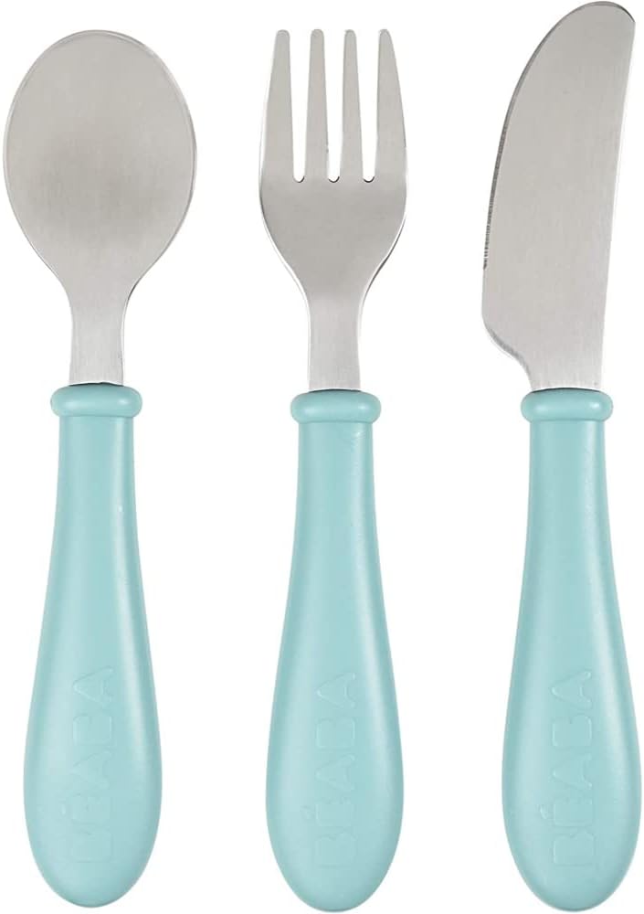 BÉABA Set De 3 Cubiertos De Aprendizaje Para Bebé, Acero Inoxidable, Desde 12 Meses, Cubiertos Infantiles Fácil Agarre, Airy Green