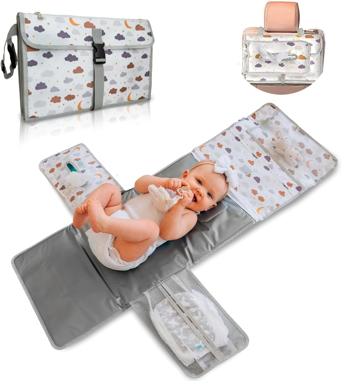 TENDS Cambiador bebe portatil XL - Cambiador plegable impermeable con 6 bolsillos