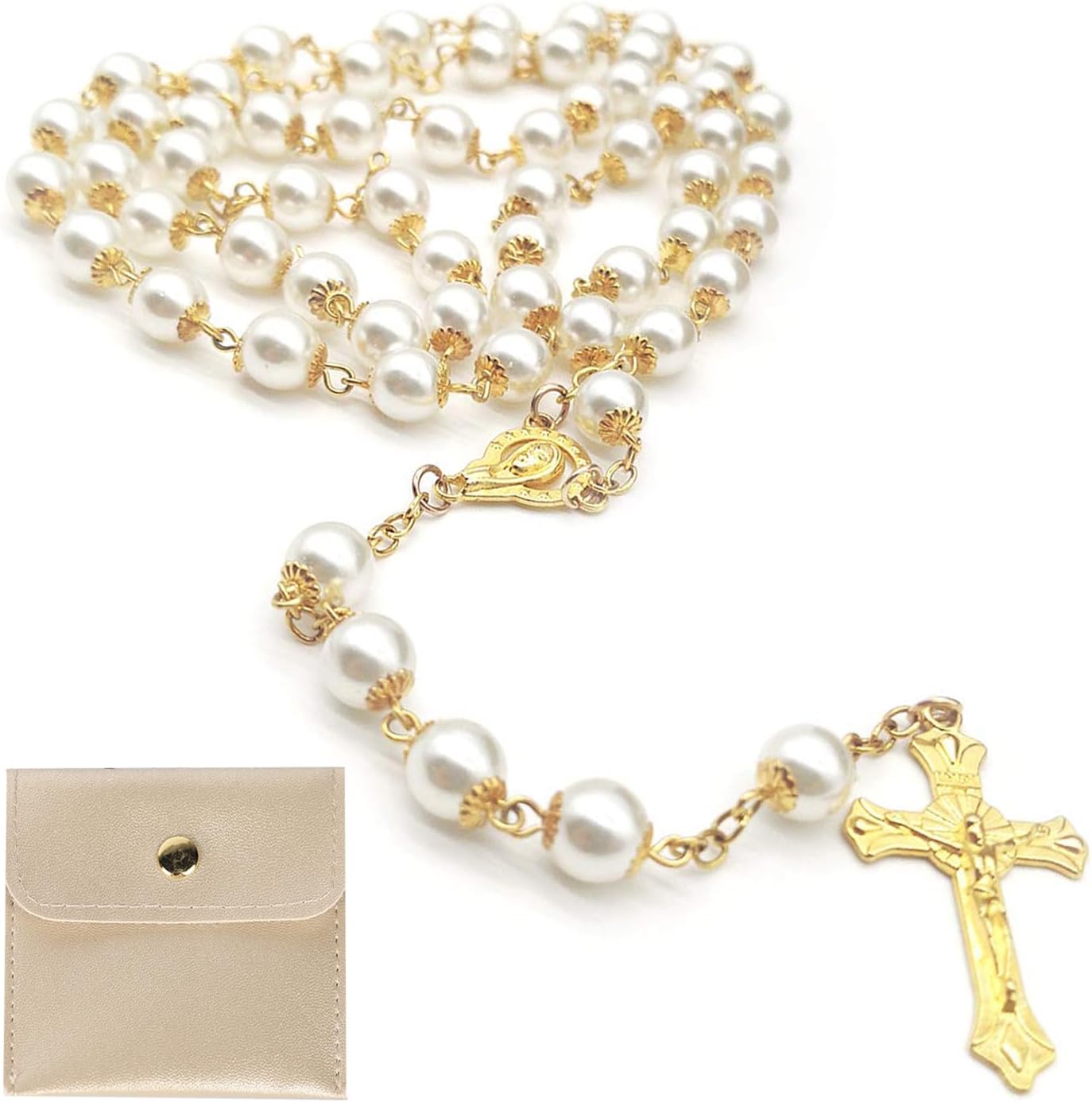 Calkkrer Rosario Católico con Cruz Retro, Bolsa de Regalo de Terciopelo, Elegante Cruz para Bautizo, Comunión, Boda, Fiesta (Dorado)