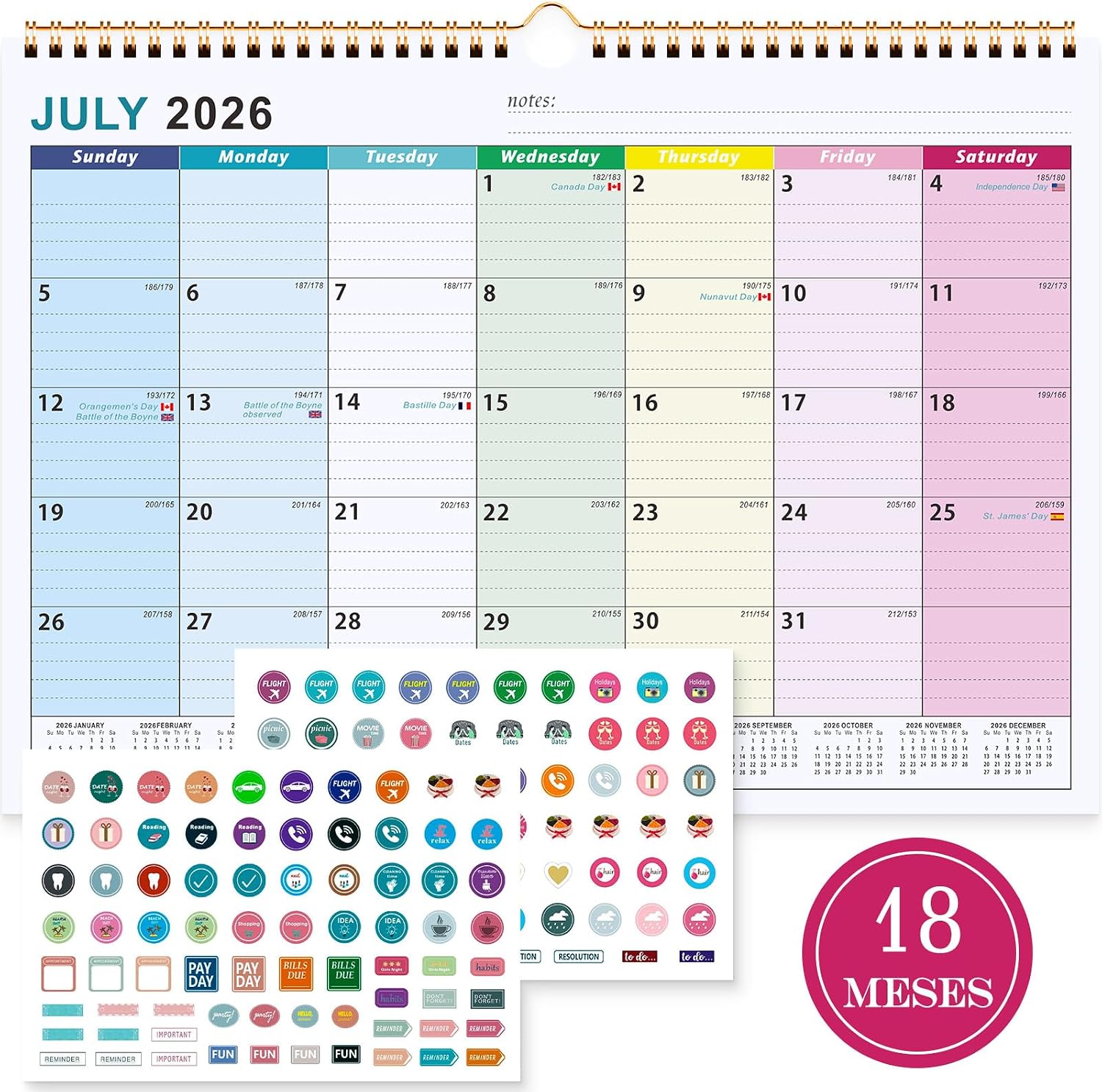 Benjia Calendario de pared 18 meses Julio 2026 - Diciembre 2027 A4 Coloridas