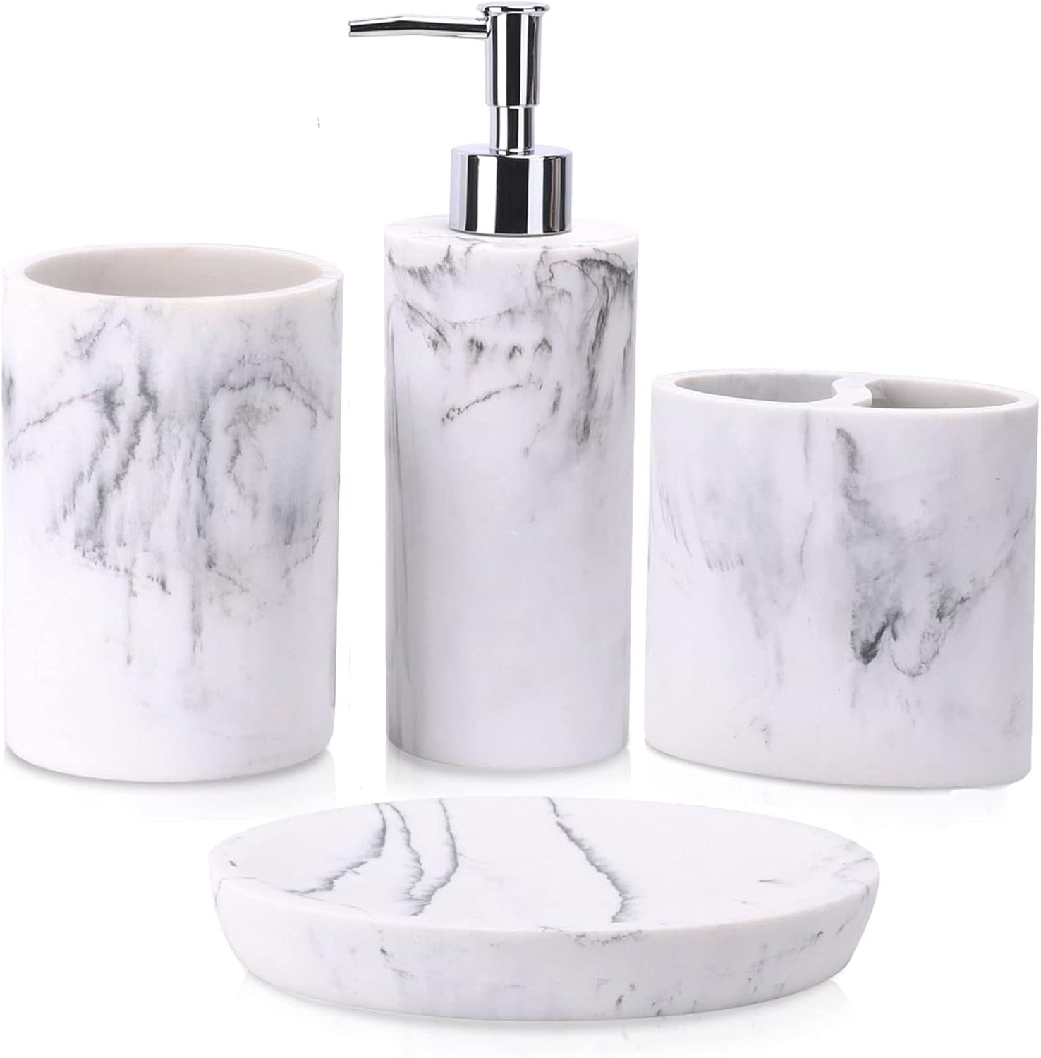 ZCCZ Bathroom Accessory Set, 4 Pcs Marble Look Bathroom Vanity Countertop Accessory Set (Mármol Blanco)