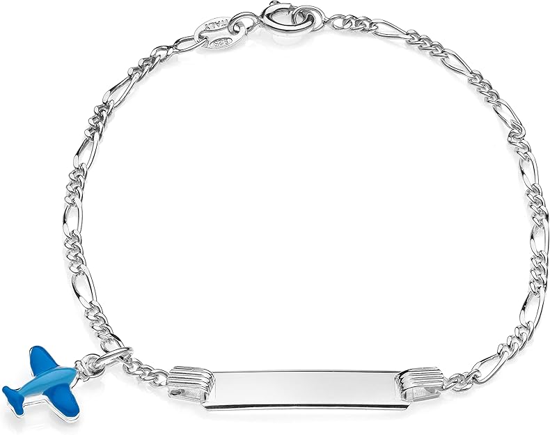 Aka Gioielli® - Pulsera Placa Identificativa con Nombre Plata de Ley 925 con Avión Azul Esmaltado