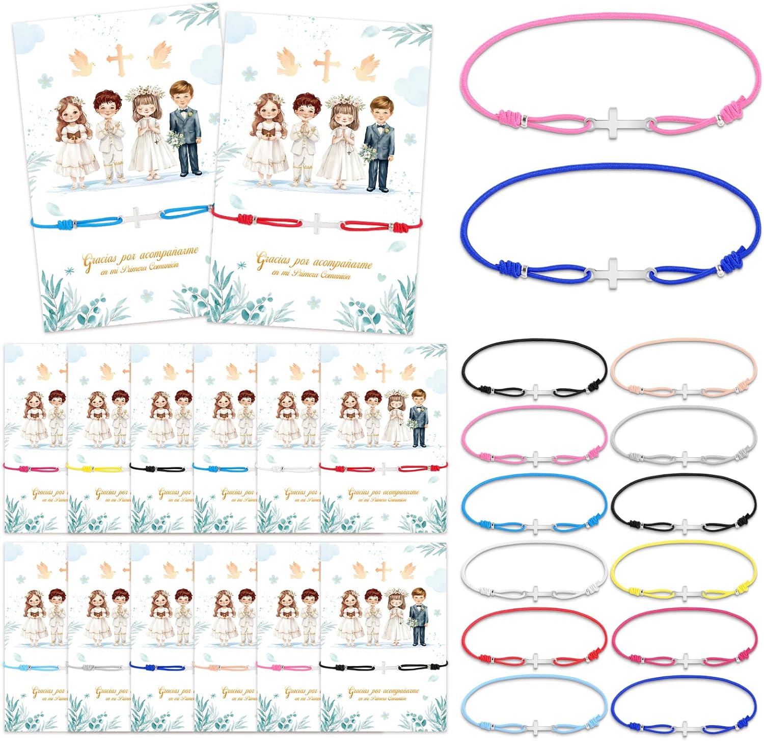 DPKOW Detalles Comunión para Invitados Regalos Comunion Niños Niñas - 12 x Tarjetas Pulseras para Invitados Comunion Recuerdos