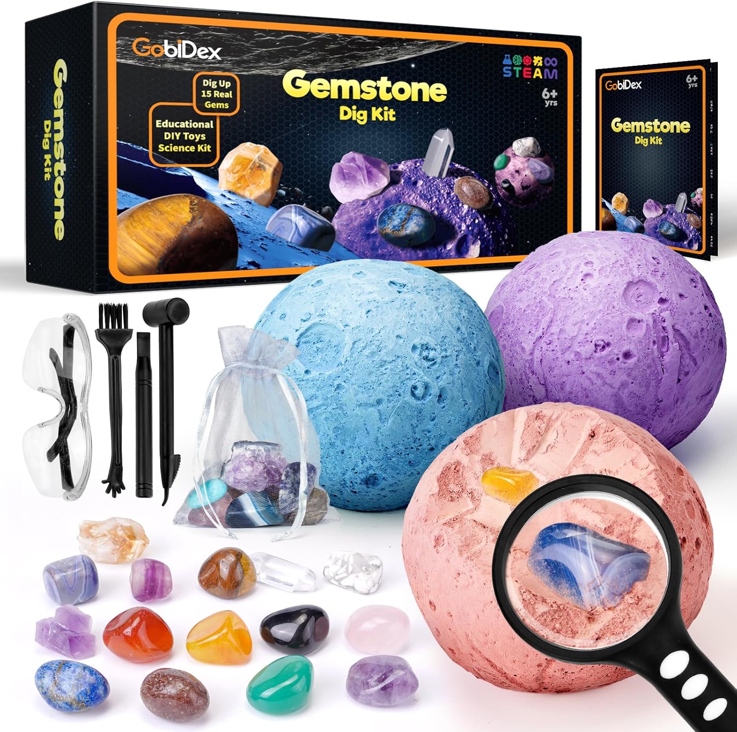GobiDex Minerales para Niños, Piedras y Cristales Naturales, Kit de Excavación para 6 7 8 9 10 Años