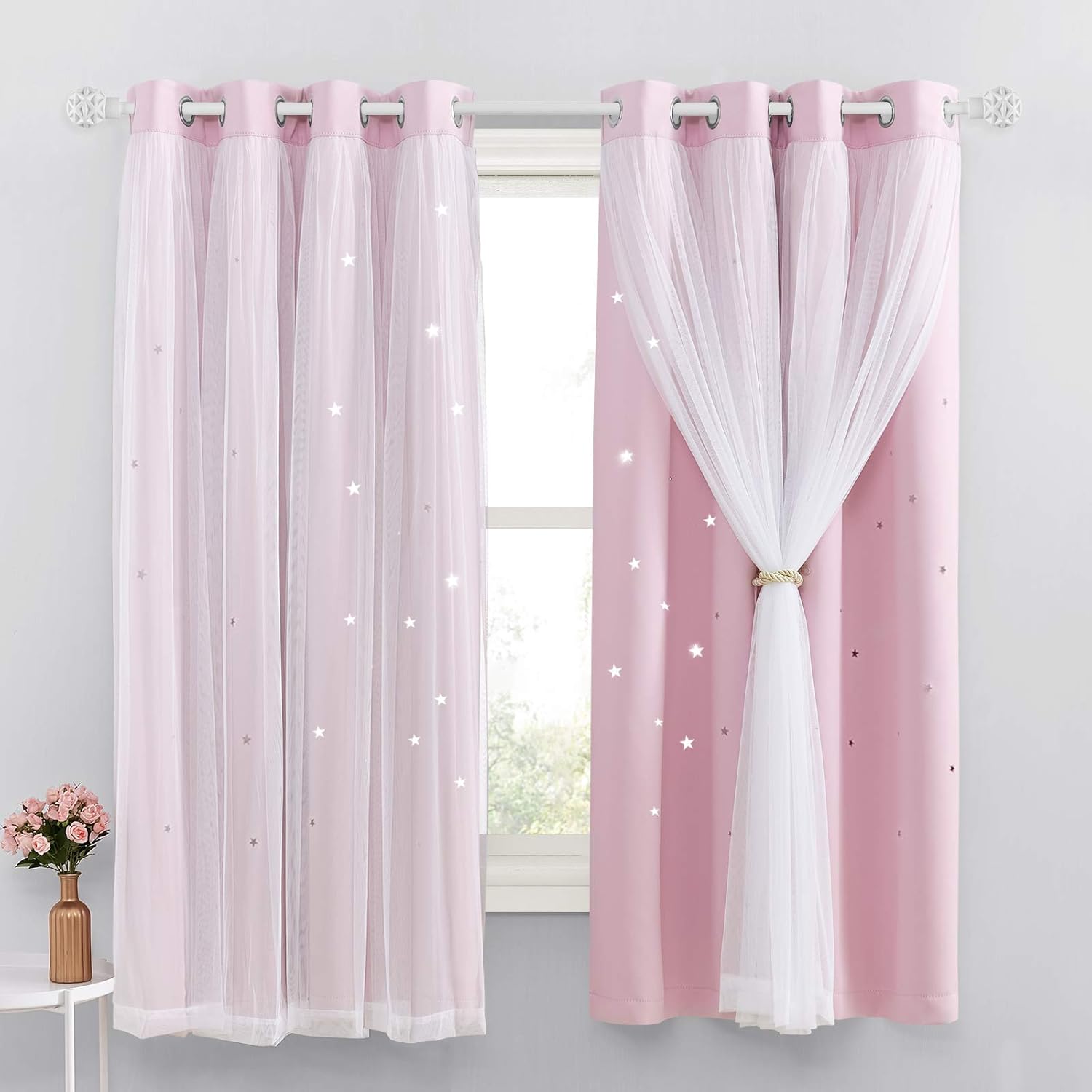 NICETOWN - Cortina de Estrellas con Cortinas Térmicas para Dormitorio Infantil 132 x 160 cm Rosa Claro