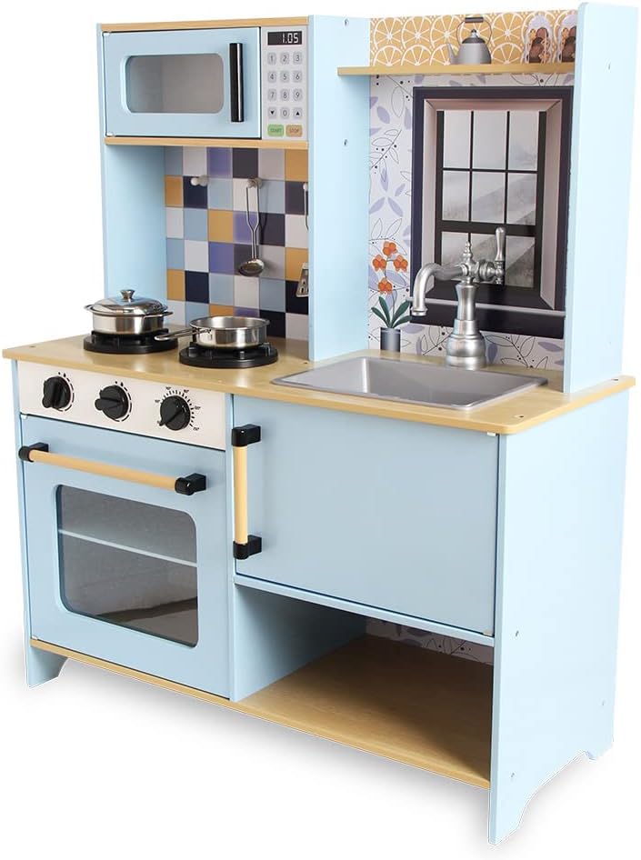 DEQUBE - Cocina de Madera 2 módulos diseño Moderno - Cocina de Juguete con Luces y Sonidos - Color Azul