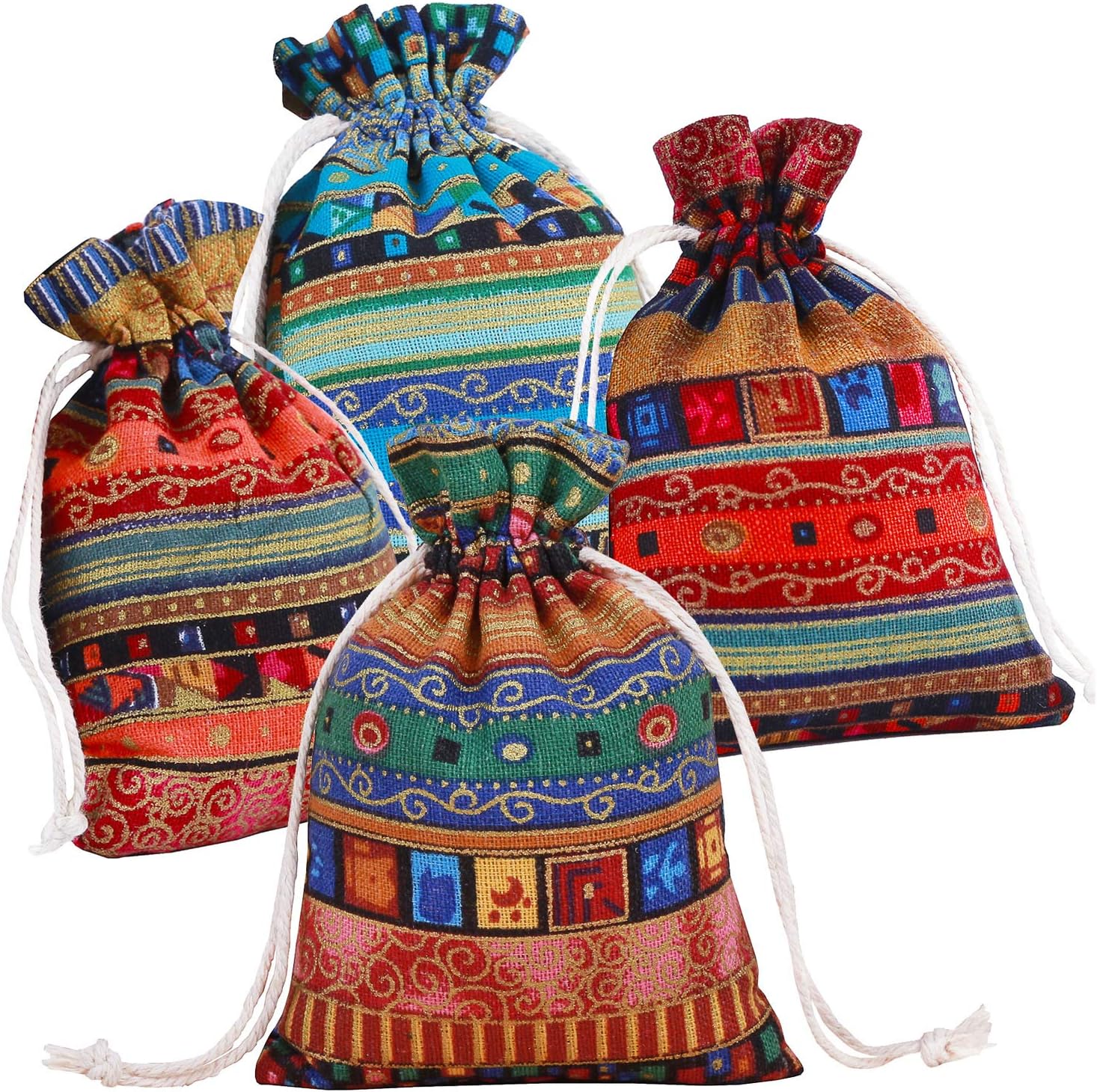 Pinowu Estilo étnico Bolsa de regalo con cordón 13x18cm (12 Piezas), Algodón Reutilizable Bolsas Joyería