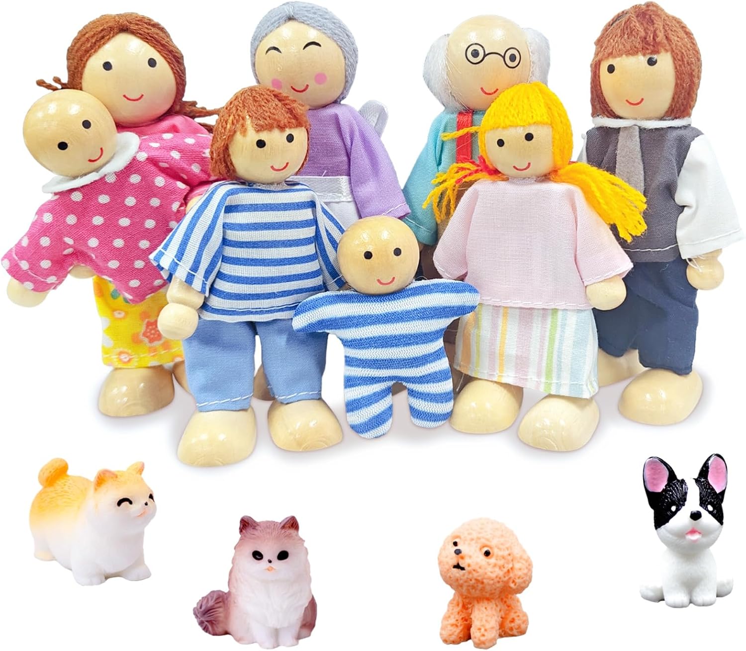 Ruikdly Muñecas de madera para casa de muñecas - Juego de 12 piezas de familia de madera con gato y perro