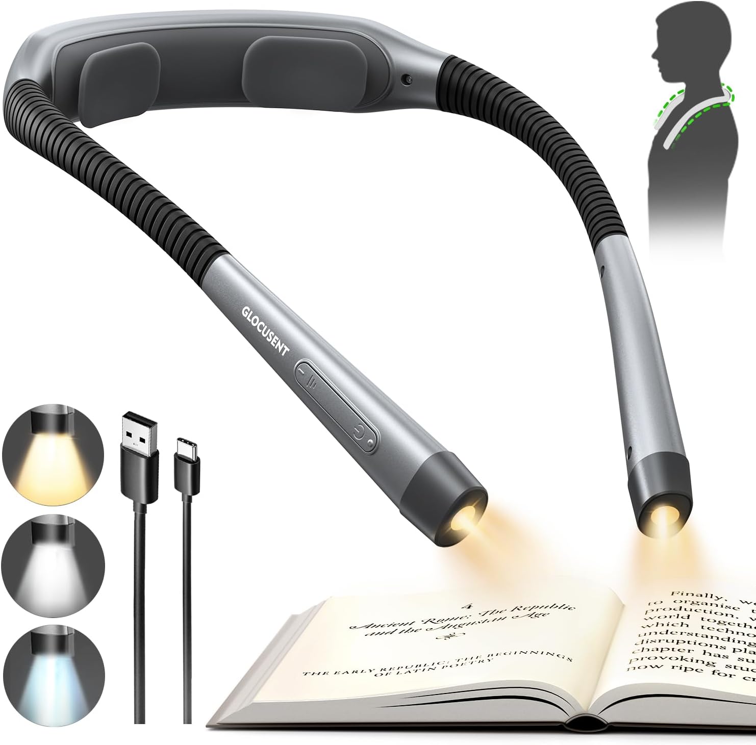 Glocusent Luz de Lectura Cuello, 5 Niveles, 150 Horas, Recargable USB-C