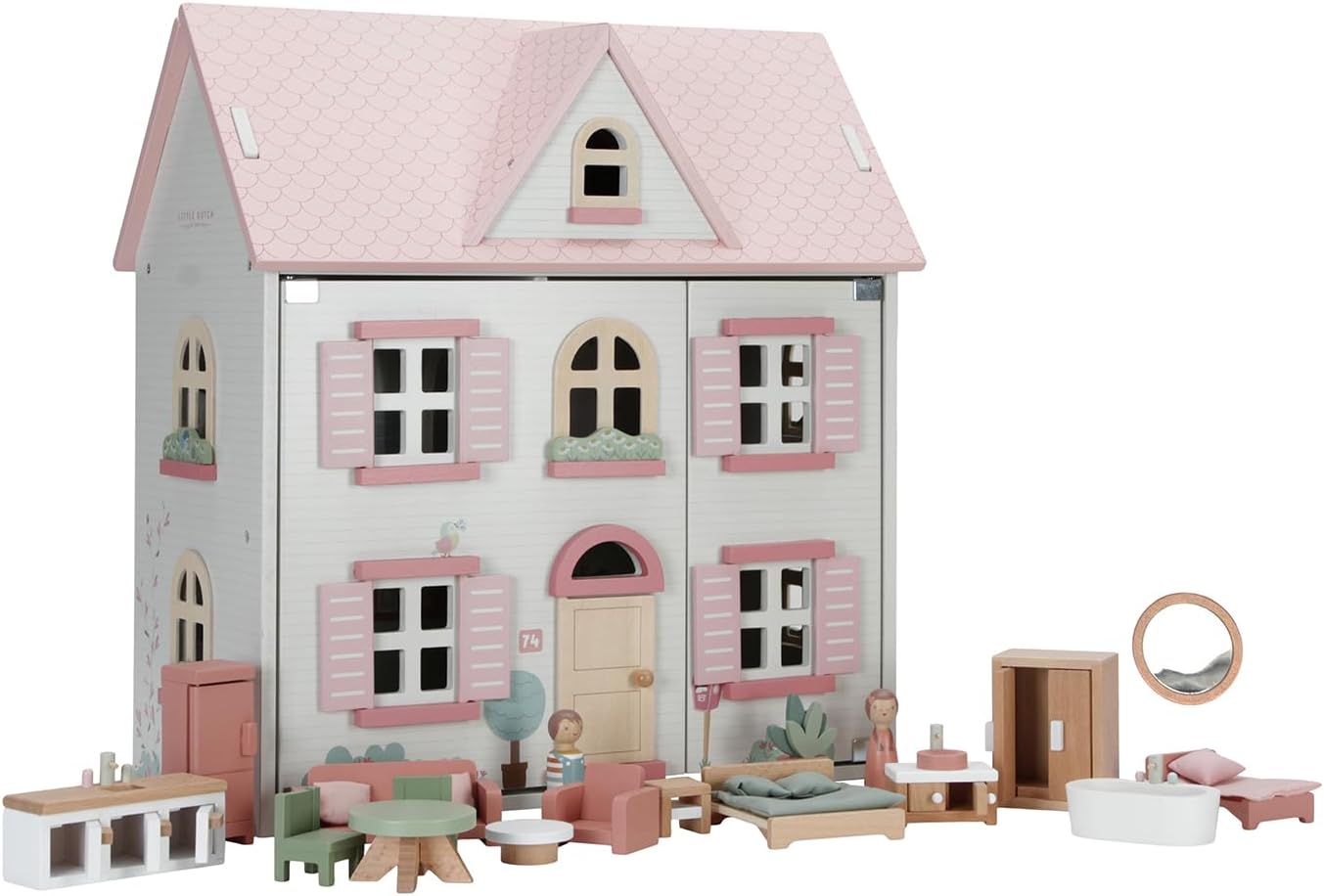 Little Dutch - Gran casa de muñecas de madera plegable con muchos accesorios, figuras y muebles de juguete en blanco y rosa