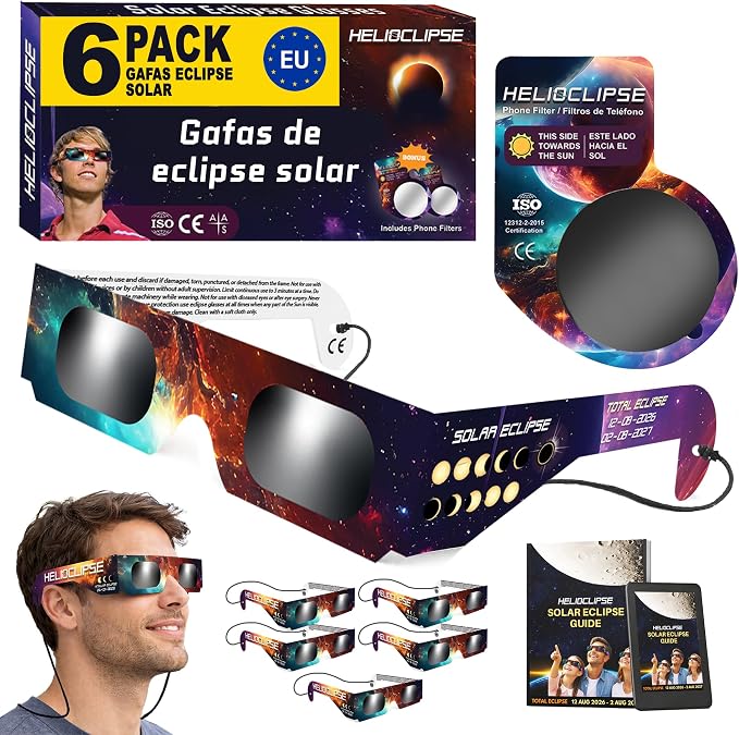 Helioclipse 6/12/25/50/100 Gafas Eclipse Solar Homologadas ISO 12312-2 2026