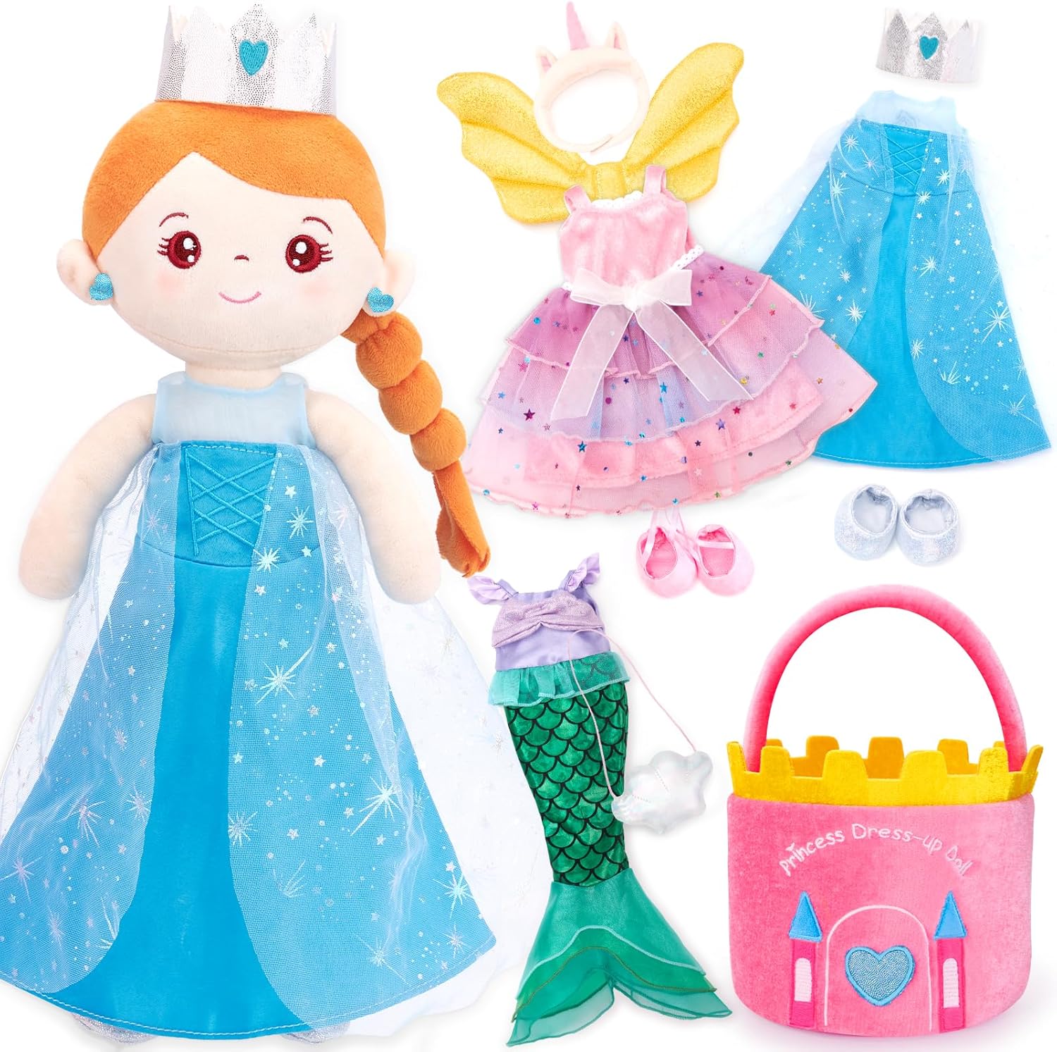 hahaland Muñeca Peluche para Vestir - Princesa Sirena Unicornios para Niñas 3 4 5 6 años, con 3 Disfraces & Bolsa portátil