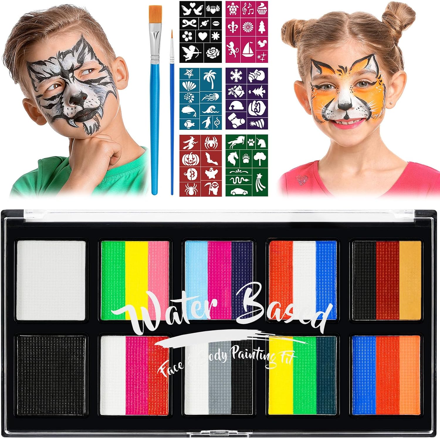 LOPHE Pintacaras Infantil, 26 Banda Pintura Cara Niños con 2 Pinceles y 6 Plantillas