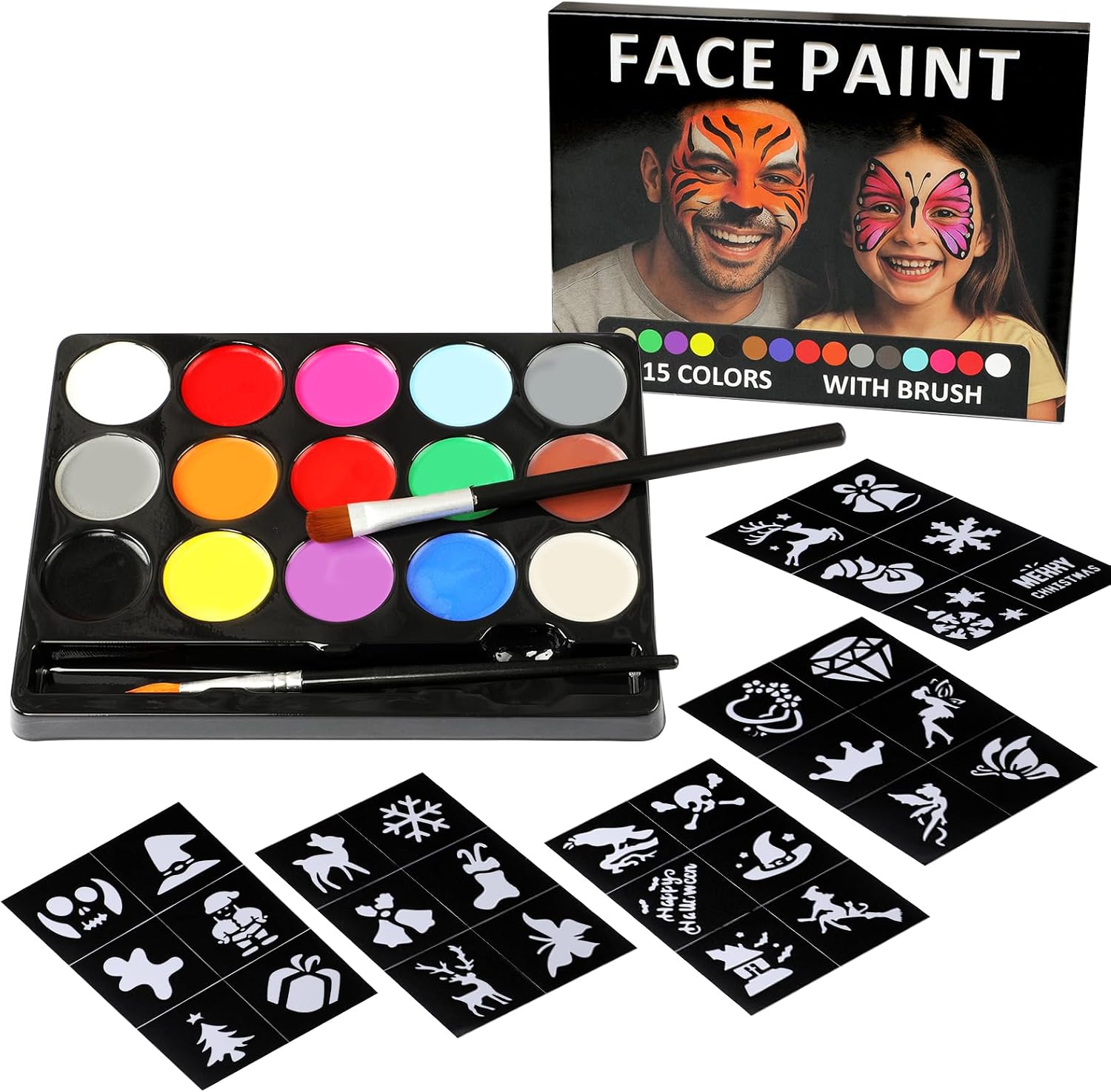 Pintura Facial y Corporal 15 Colores – Kit de Maquillaje Infantil No Tóxico con 30 Plantillas y 2 Pinceles