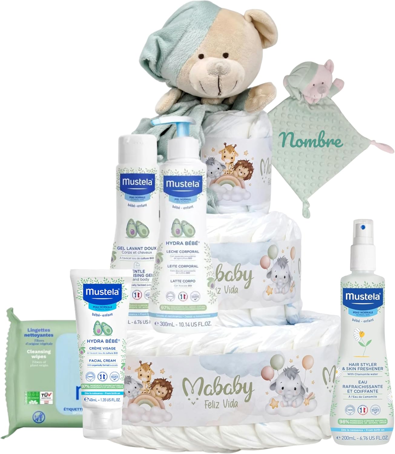 Tarta de Pañales Mis Primeros Cuidados con Doudou Osito Personalizado con Nombre Bordado