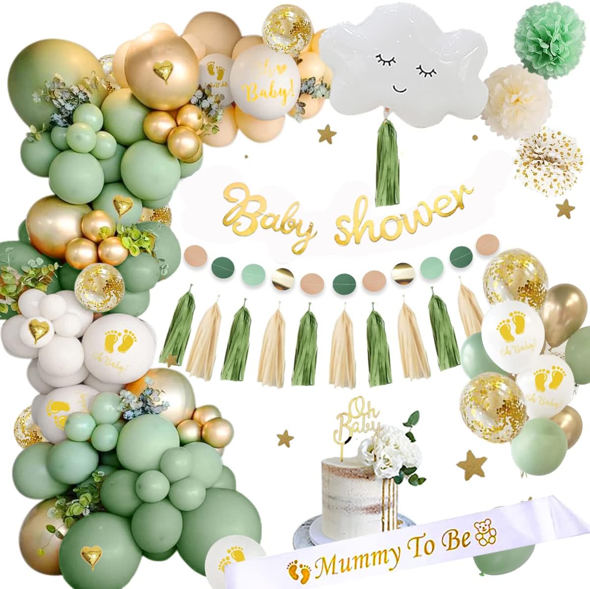 Baby Shower - Decoración para niños, diseño bautismo, color verde salvia con mummy to be bufanda, oh Baby Banner Cake Topper Globo Baby Shower para Gender Reveal Party Decor