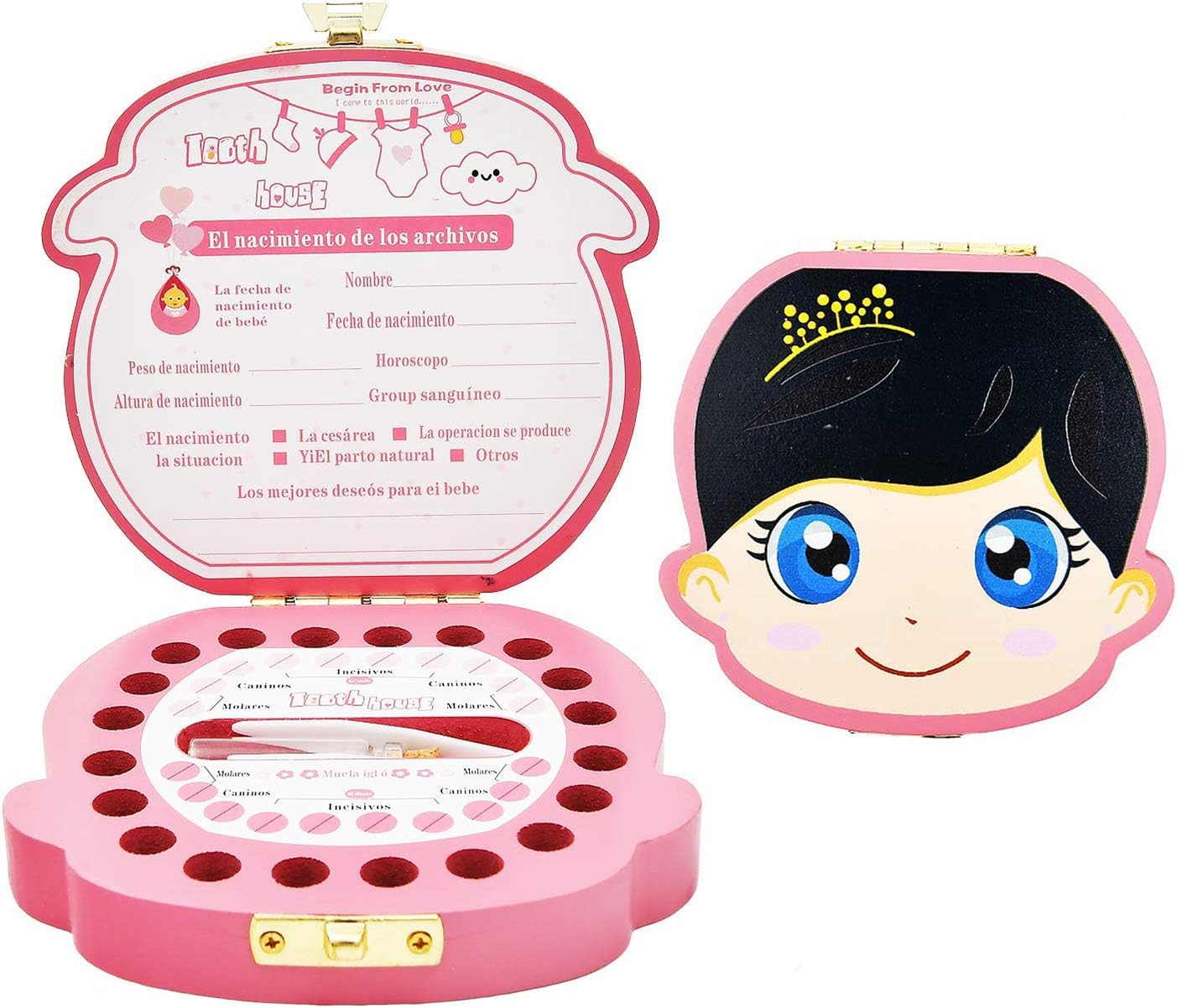 Shalwinn Caja de Dientes, Caja Dientes Leche, Caja para Guardar Dientes para Pegatinas españolas, Personalizar Bebé Dientes Caja (Niña)
