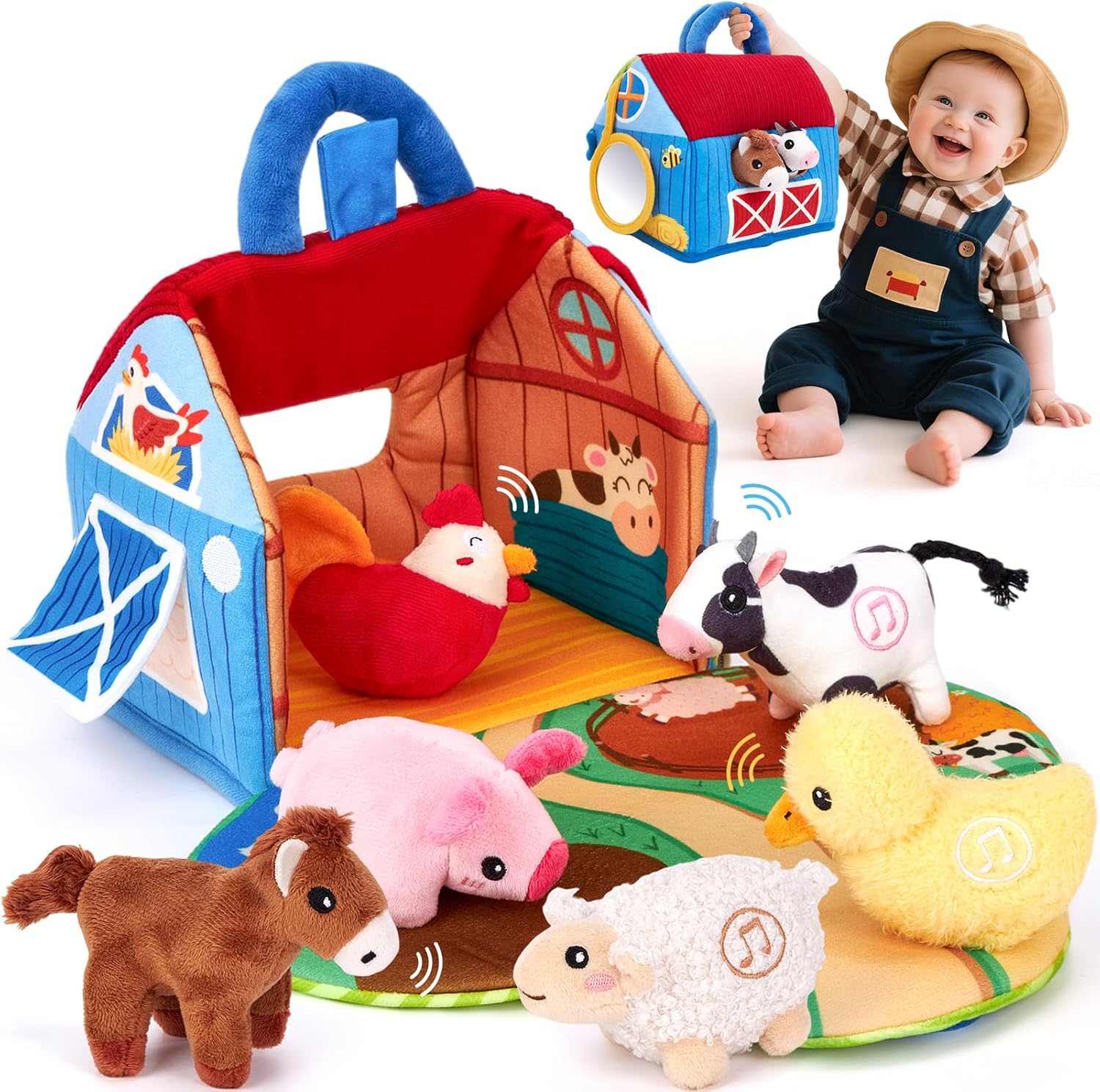 hahaland Juguetes Bebes 6-12 Meses - Granja de Peluche con 6 Animales Interactivo, Granero Plegable Blando