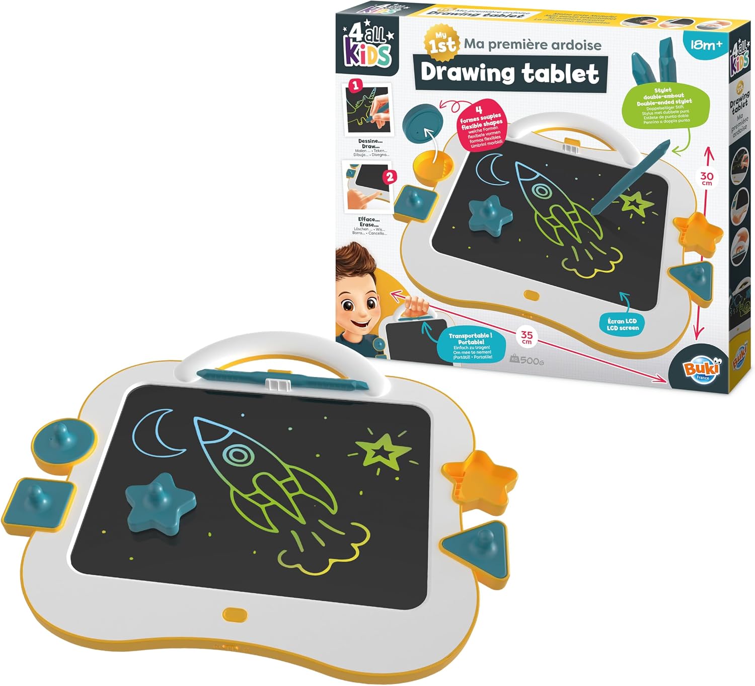BUKI FK014 - Mi Primera Pizarra mágica Desde 18 Meses – Pizarra de Dibujo Ligera para niños con asa, 4 Sellos de Silicona, Pantalla Multicolor, 35x30 cm, Solo 500 g