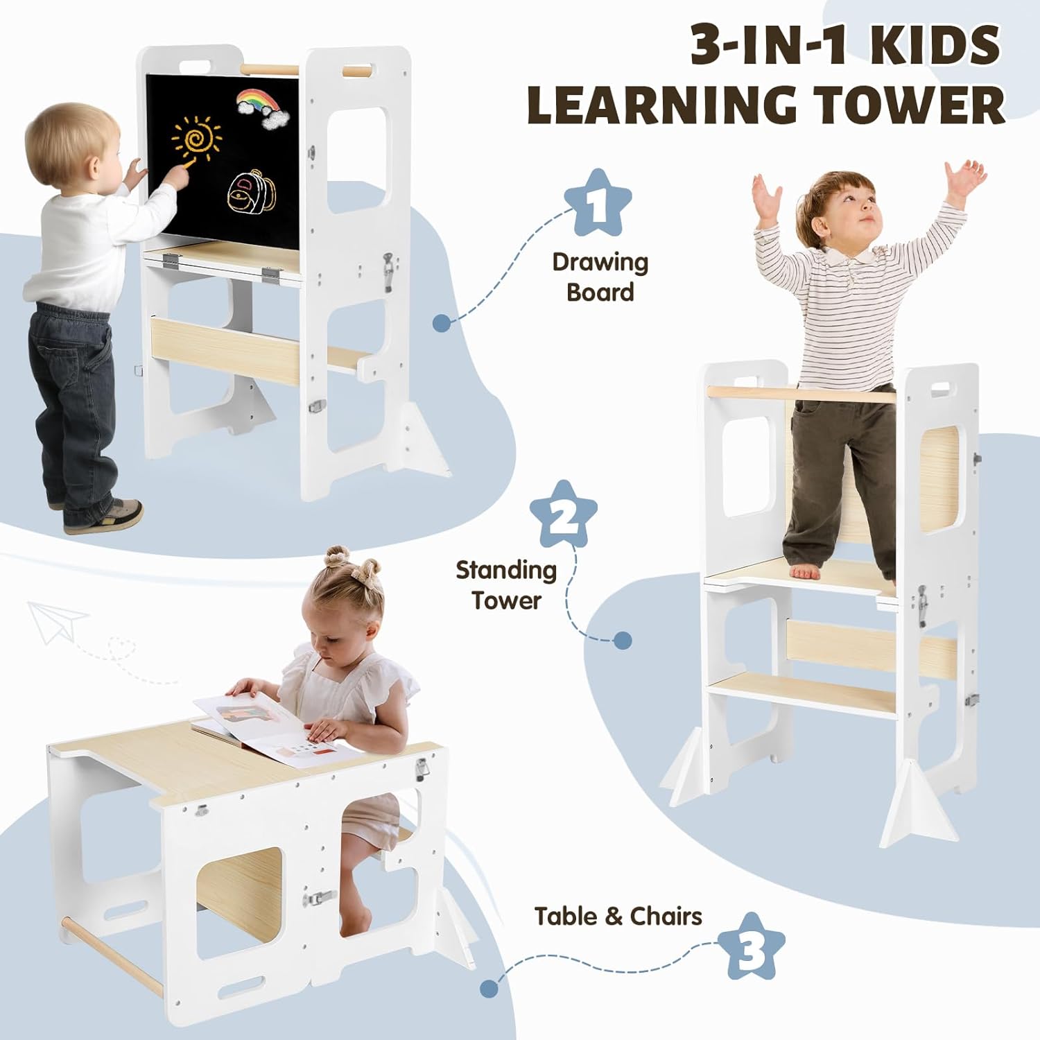 Labebe Torre de Aprendizaje Montessori Plegable 3 en 1 Blanco y Madera
