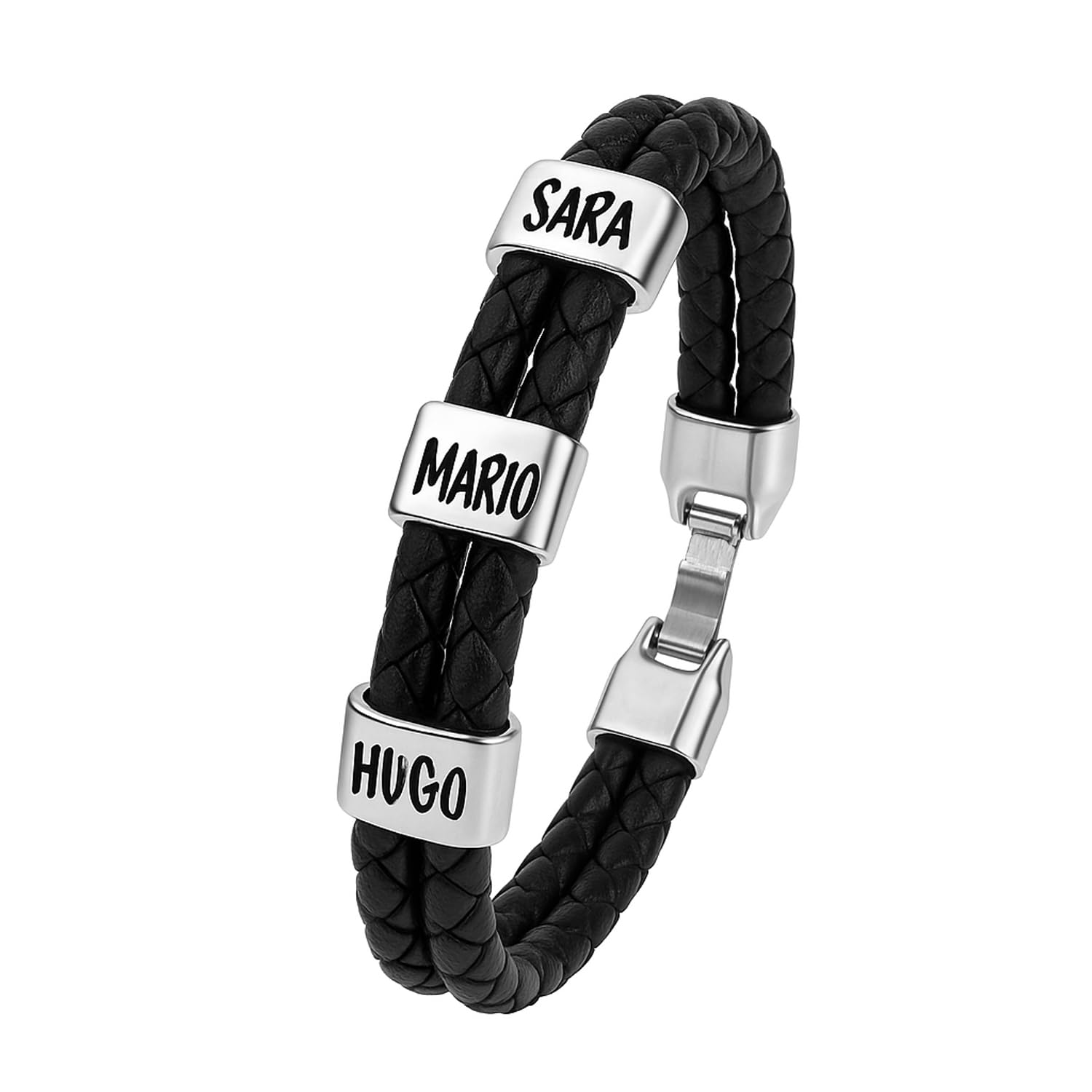 Pulsera con Nombres Personalizada Trenzado Doble Negro - Cuero Auténtico Español y Baño Plata