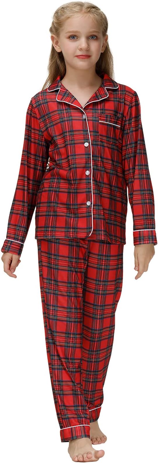 Conjunto de Pijama Navideño para Niños a Cuadros de Manga Larga con Botones y Pantalones