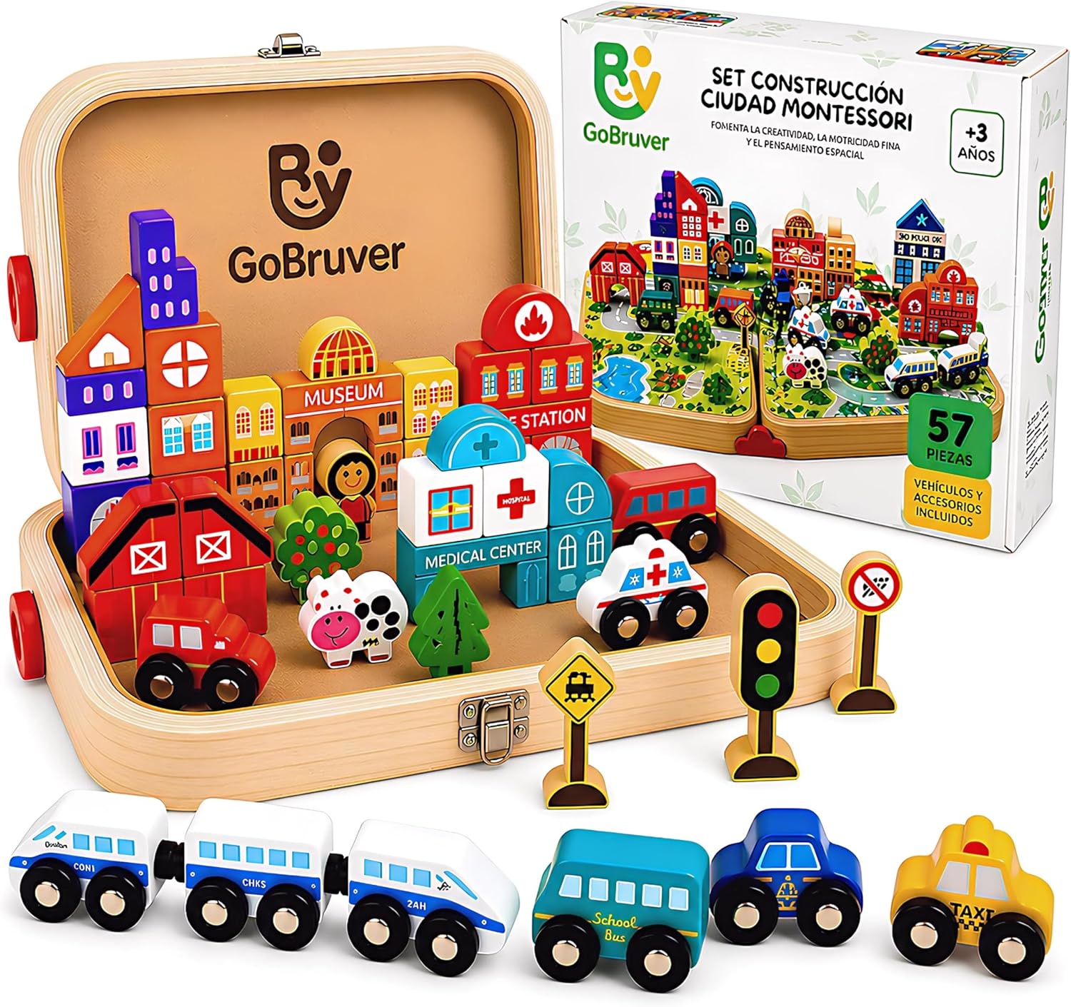 GoBruver Juguete Montessori de Madera 57 Piezas para Niños 3 4 5 6 Años – Bloques de Construcción Ciudad con Tren, Coches, Edificios y Señales de Tráfico – Juego Educativo con Maletín