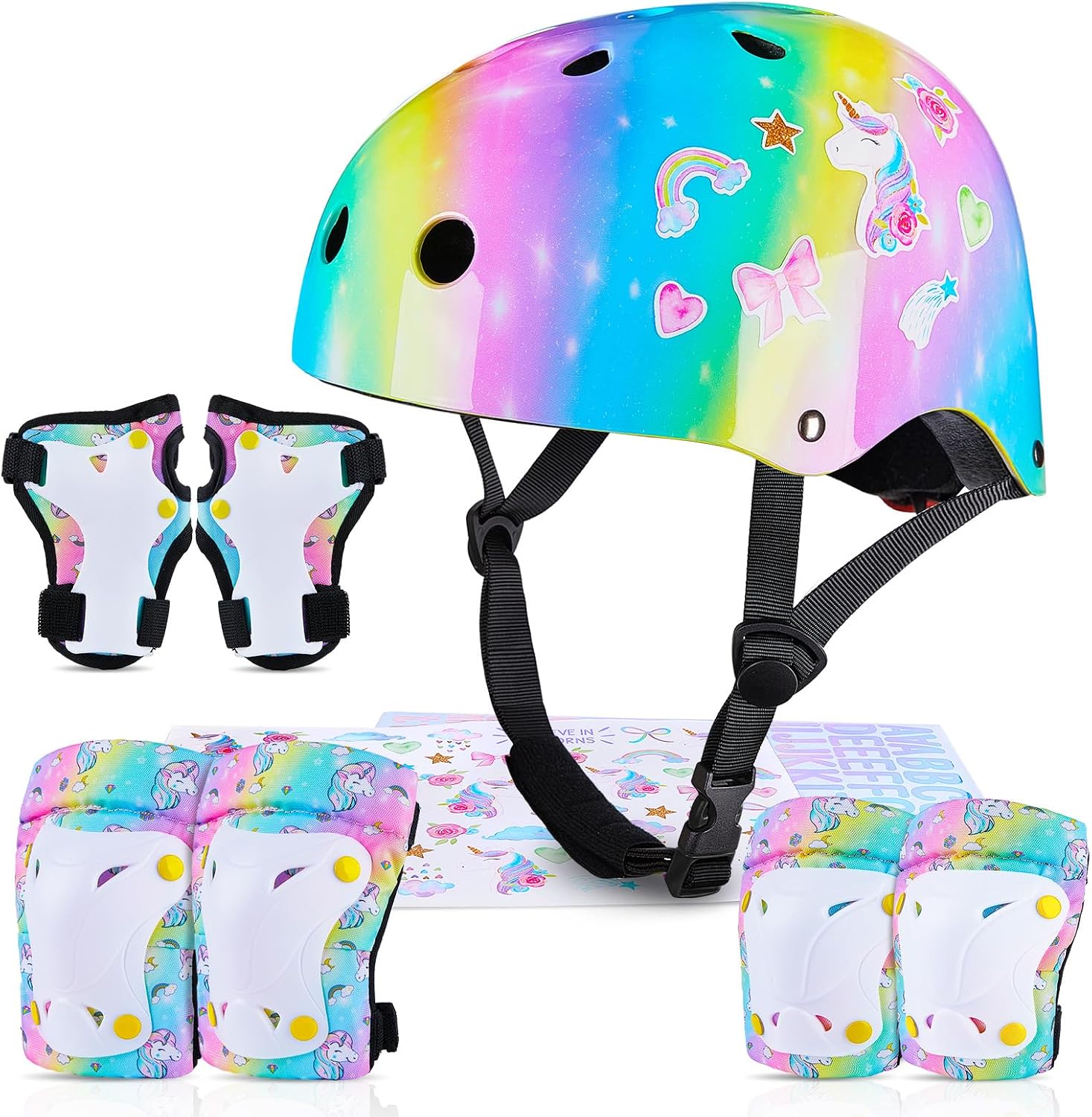 MHJY Casco Bicicleta Niño con Pegatinas DIY para Niñas Casco de Bici Edad 3-8 Años Rodilleras y Coderas de Unicornio