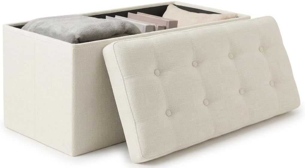 edihome Puff Almacenaje Plegable Baúl Otomana con Tapa Blanco Marfil