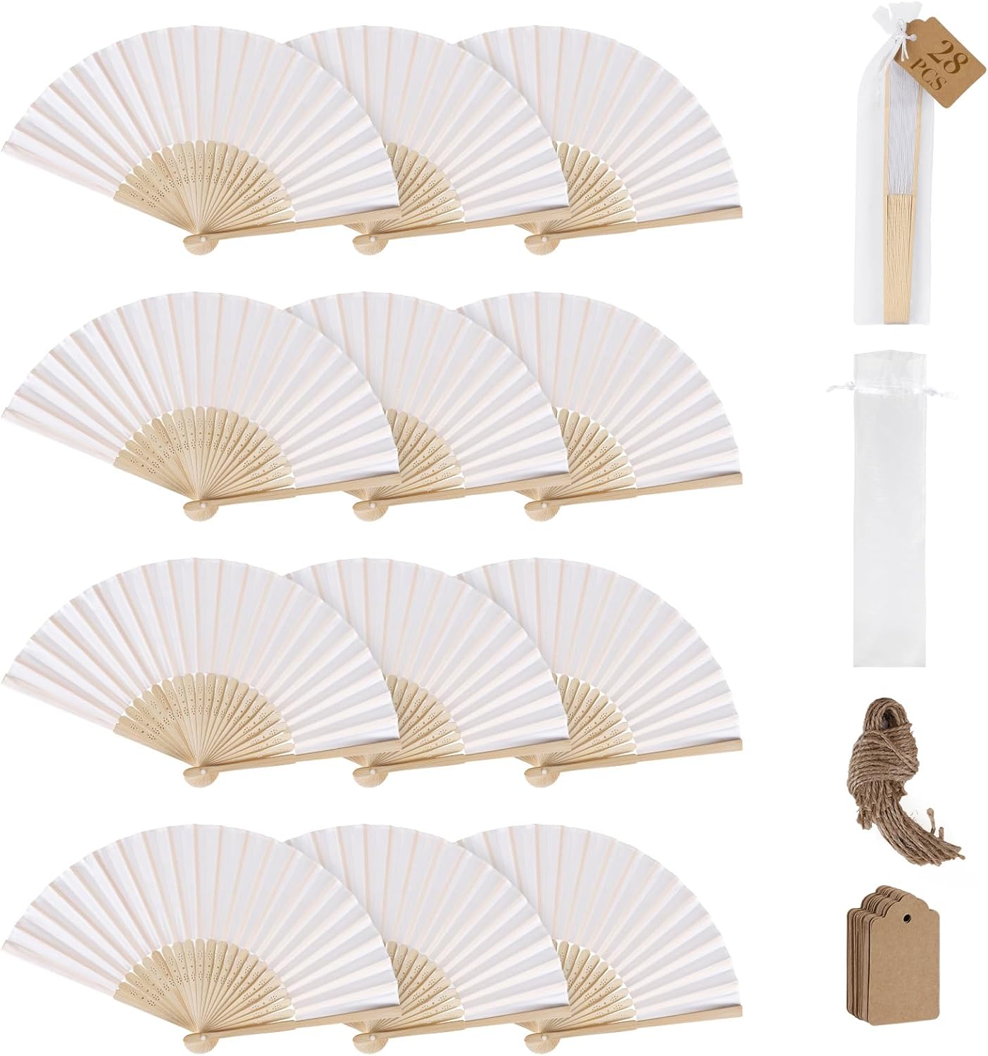 SWAWIS 28 Piezas Abanicos de Tela Blanco, Abanico Plegable con 30 Bolsas de Organza y Tarjetas de Agradecimiento, Ventiladores de Bambú para Bodas Bautizos Decoraciones Fiestas DIY