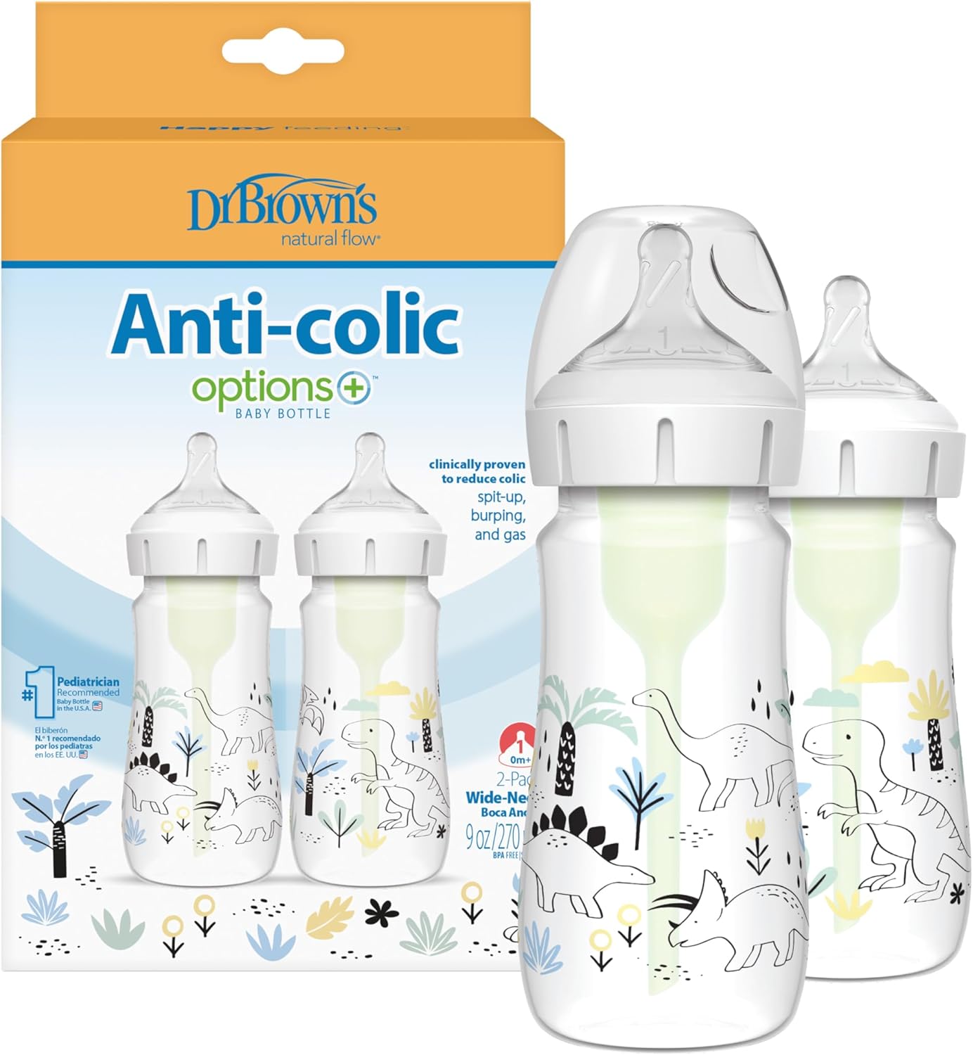 Dr. Brown's Biberón Anticólicos de Boca Ancha Options+ Dinosaurio 270 ml Pack de 2 Unidades