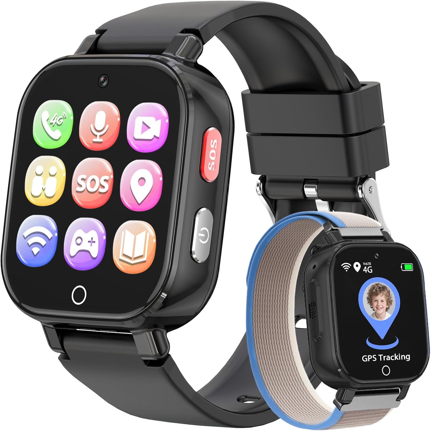 PTHTECHUS 4G Reloj Inteligente Niño con Videollamada, GPS, SOS, Chat de Voz, IP68 Impermeable, Modo Escuela, Podómetro, Despertador, Reloj Infantil Regalo para Niños Niñas de 4 a 12 Años (Negro-8A)