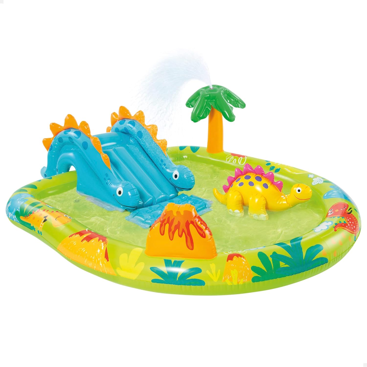 INTEX 57166 - Piscina infantil hinchable con dispersor de agua y tobogán dinosaurio