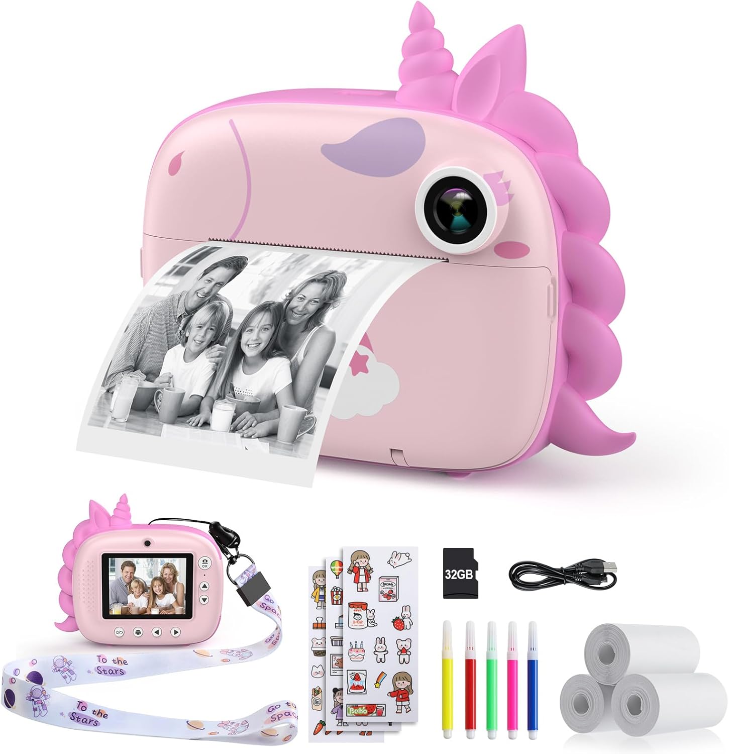 HiMont - Cámara infantil digital instantánea con papel de impresión y tarjeta TF de 32 GB