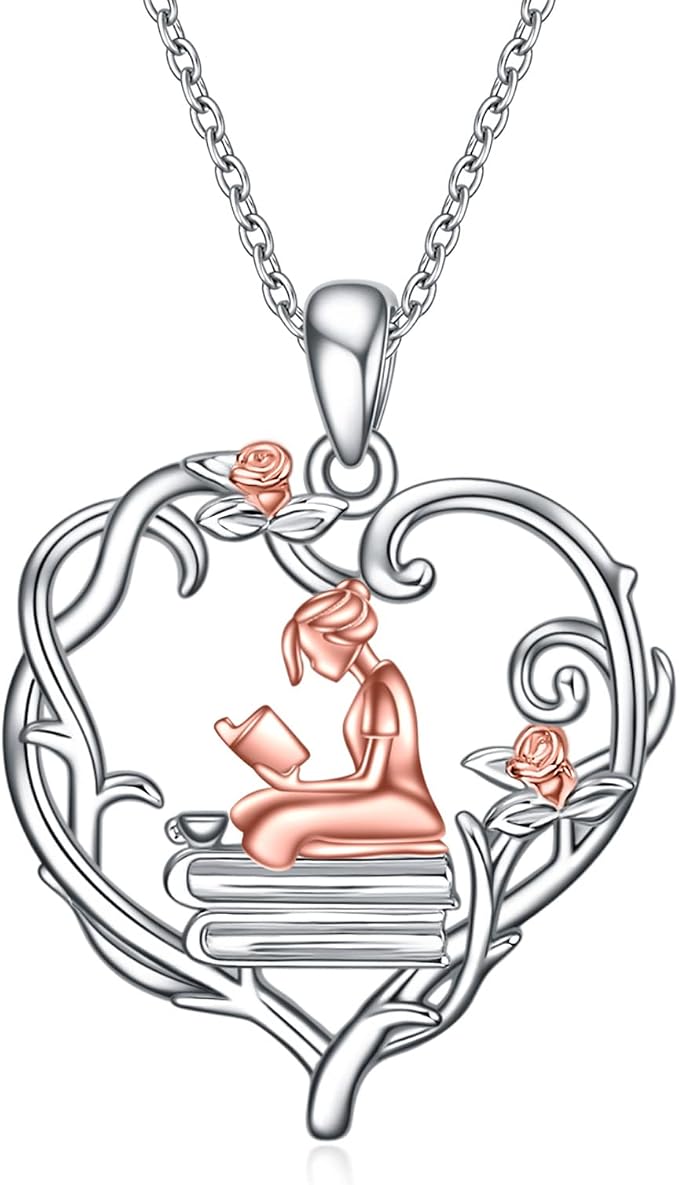 YFN Collar de plata de ley 925 para amantes de los libros, colgante de niña de lectura, regalo de graduación