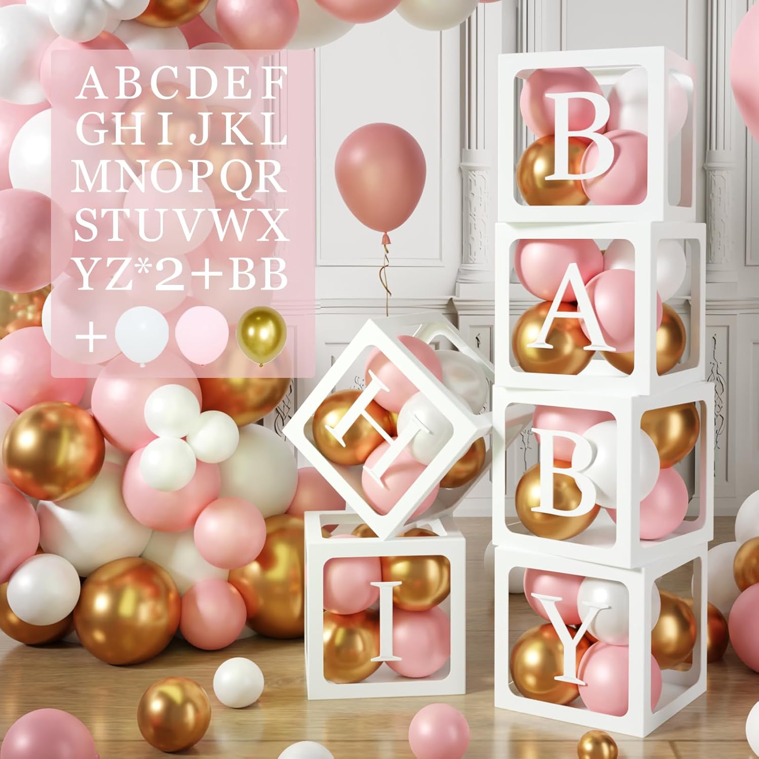 Wayfun 105 Cajas Decoración Baby Shower para Niñas con Letras y Globos Rosa Oro Blanco