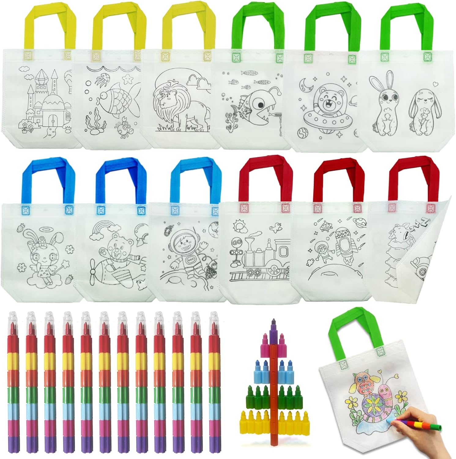 ICEPAPA Estuche para colorear con 12 bolsas y 12 ceras de colores apilables