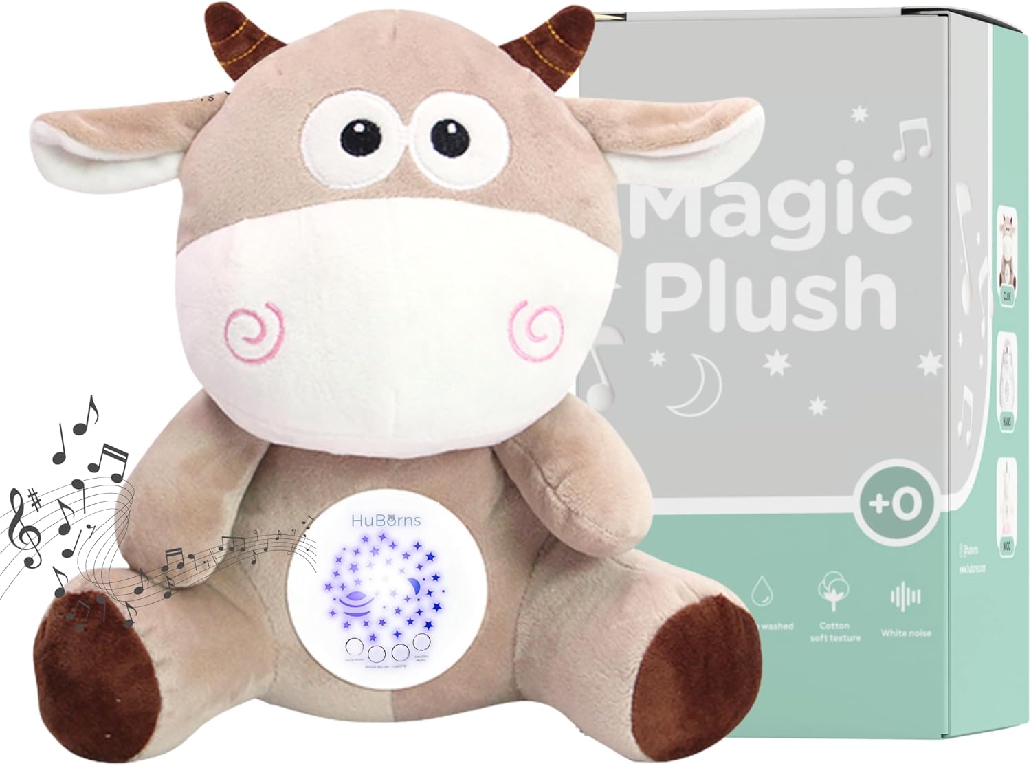 HuBorns – Peluche con Ruido Blanco bebé con 15 melodías relajantes y luz Nocturna, proyector de Estrellas