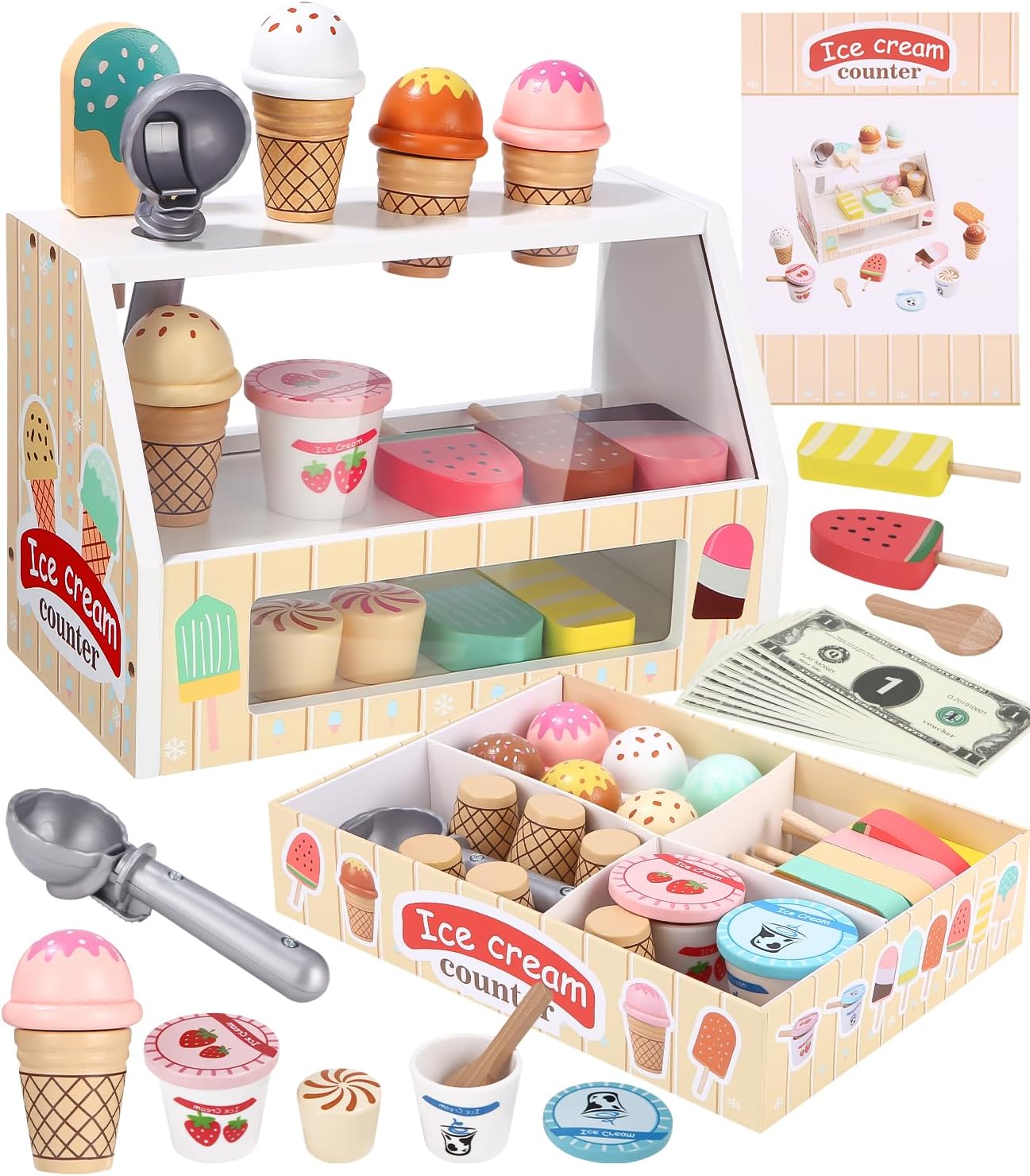 Toaren Juguete de Madera para Niños, Tienda de Helados Accesorios de Cocina