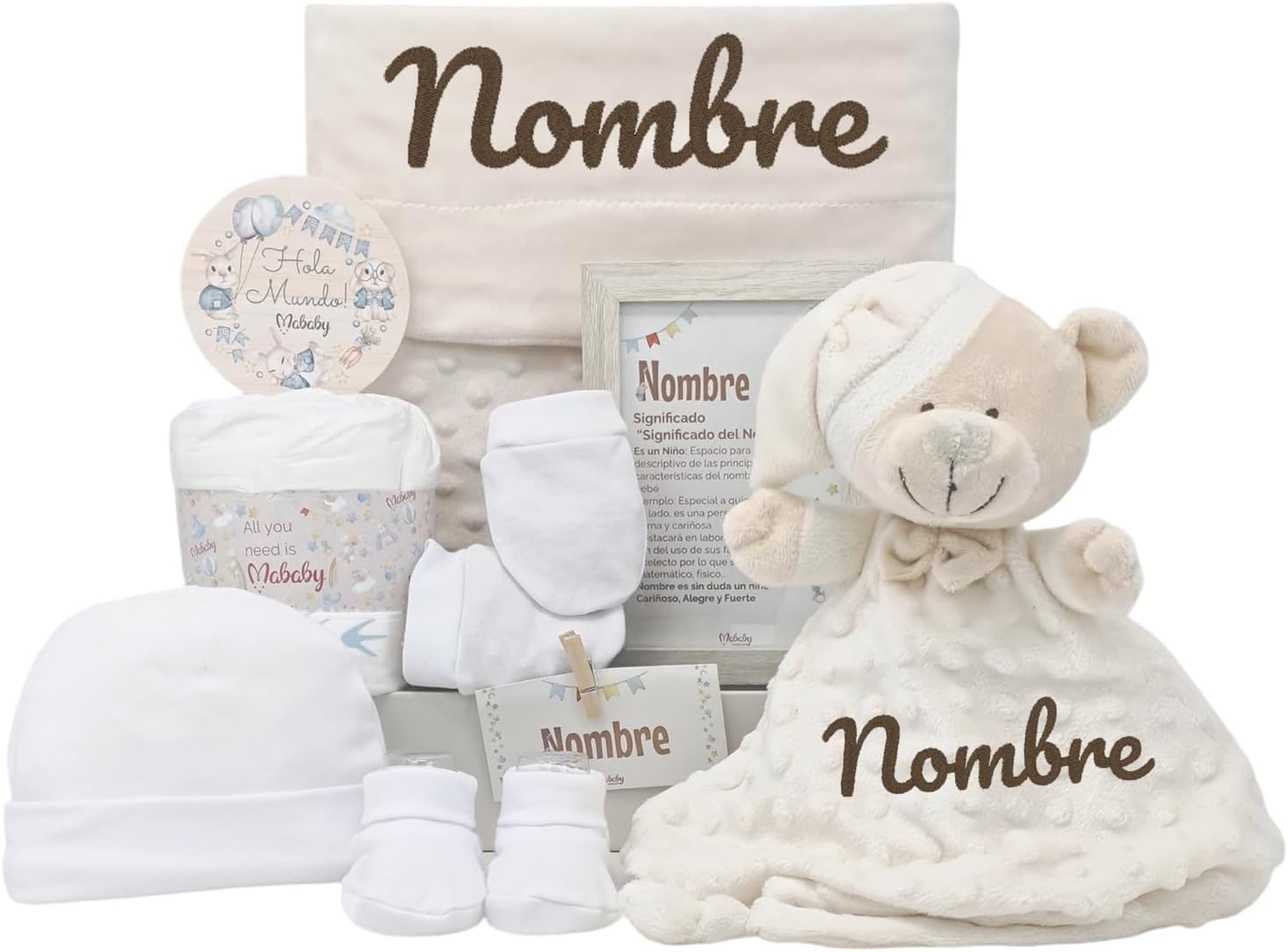 Mababyshop Velvet Canastilla Bebé Personalizada Unisex con Manta Burbujas, Dou Dou de Apego y Primera Puesta