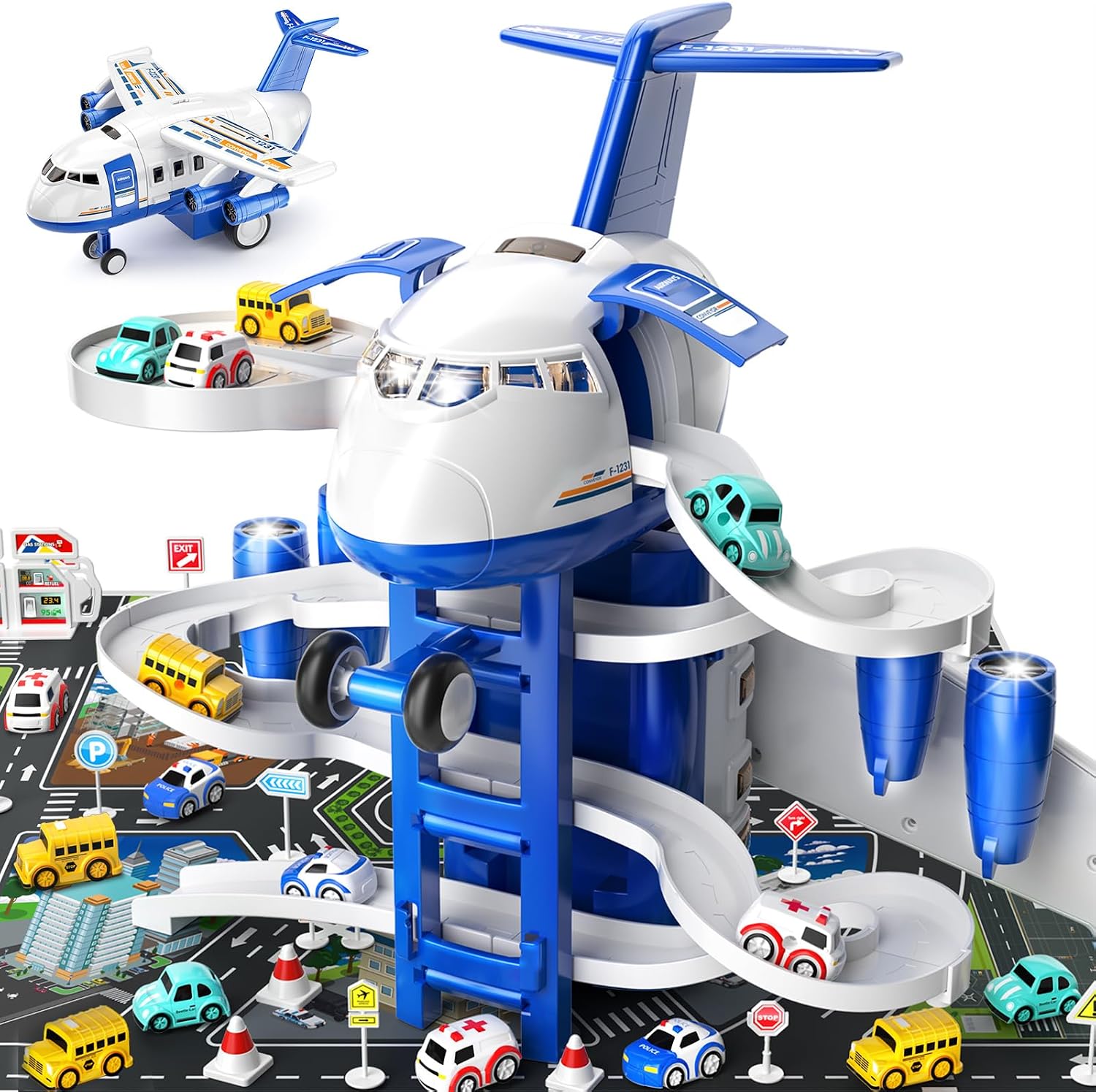 TEMI Juguete de Avión Transformado para Niños de 3 a 7 Años - Garaje Aventura con 8 Coches de Ciudad