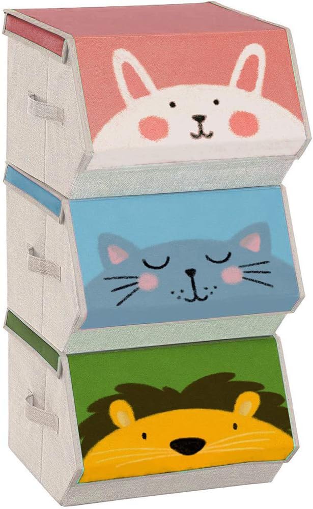 SONGMICS Caja Almacenaje Tela Infantil, Juego de 3, Apilables con Asas, Tapa Magnética, Conejo Gato León