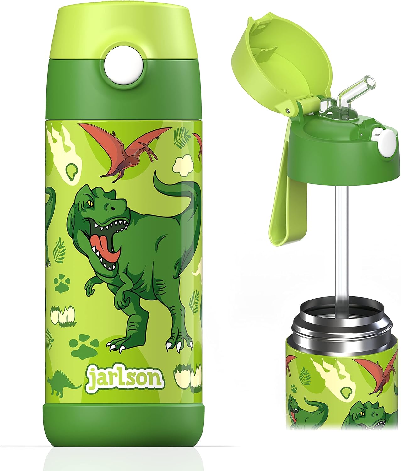 Jarlson® Botella Agua Niños & Niñas CHARLI [ACERO INOXIDABLE] - Garrafa Térmica Infantil Sin BPA - Water Bottle con Pajita - Botellas Inox a Prueba de Fugas - Para Escuela (350ml Dinosaurio)