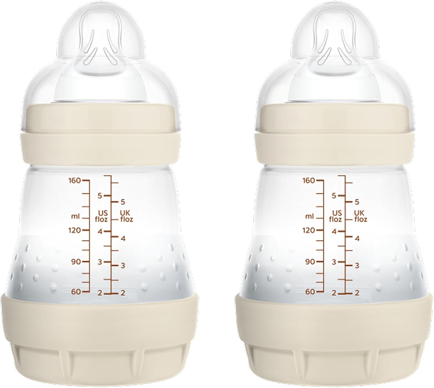 MAM Pack 2 Biberones Anticólicos, Recién Nacido, 0-2 Meses, 160ml, con Tetina 1 Flujo Lento de Fácil Aceptación, Autoesterilizable y Fácil de Limpiar, MAM Easy Start Anti-Colic, Neutro Mate, 2uds