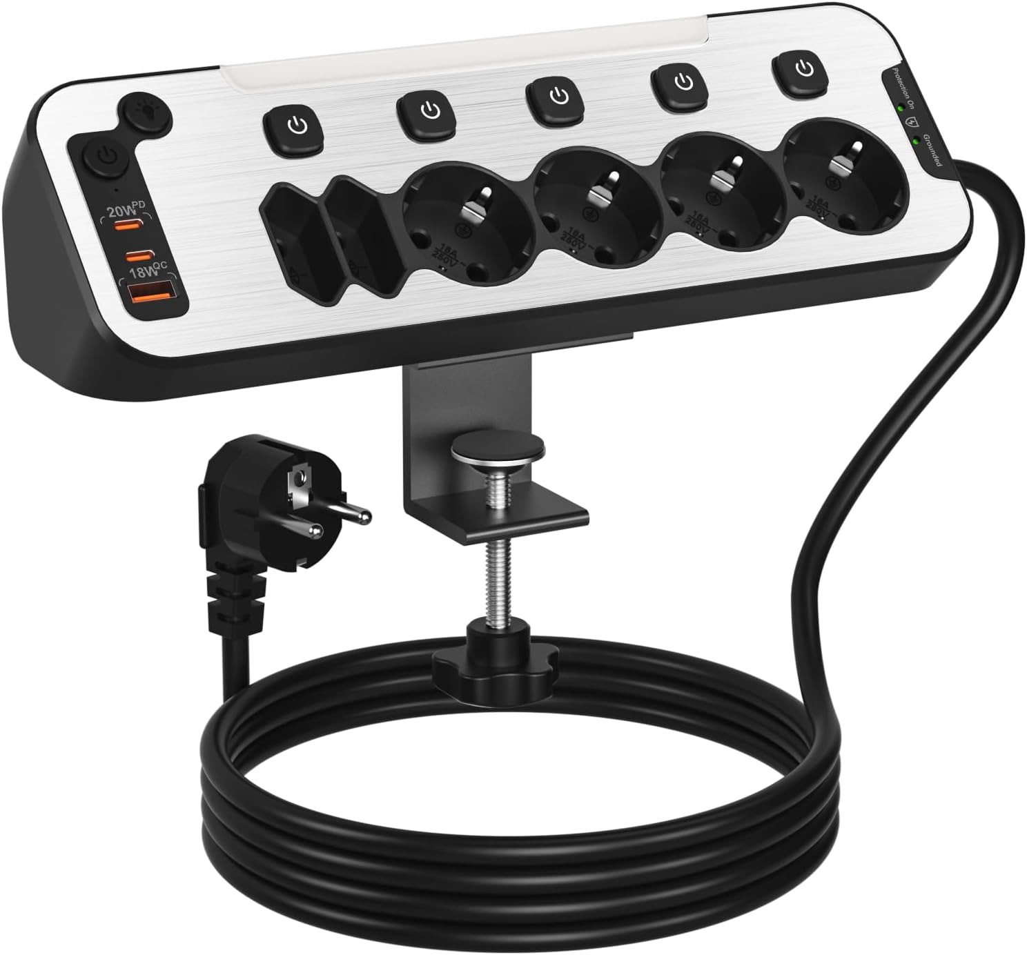 Enchufe de Mesa con USB C, Regletas Enchufes Protección Sobretensión Carga Rápida PD20W 6 Tomas Ladrón Enchufes Multiple con Interruptor Independiente Regleta Escritorio Pared 2M Cable, Negro