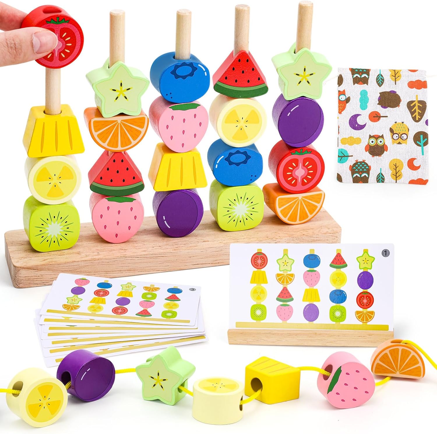 GiddyGlow Juguetes de Madera Montessori para Niños 2 3 4 Años: Juego Educativo con Ensartar Cuentas y Apilar Bloques para Motricidad Fina