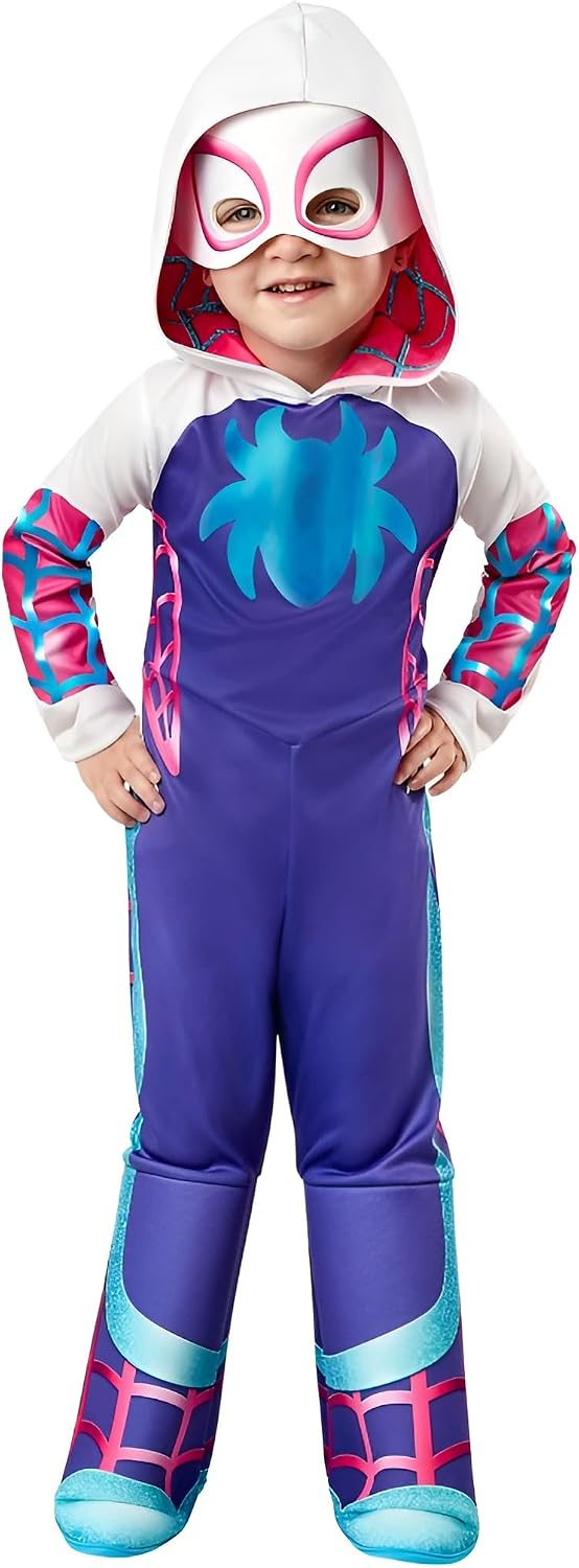 Rubies Disfraz Ghost Spider para niños y niñas, Jumpsuit con capucha adjunta, cubrebotas y máscara, Oficial Marvel, Spidey & Friends